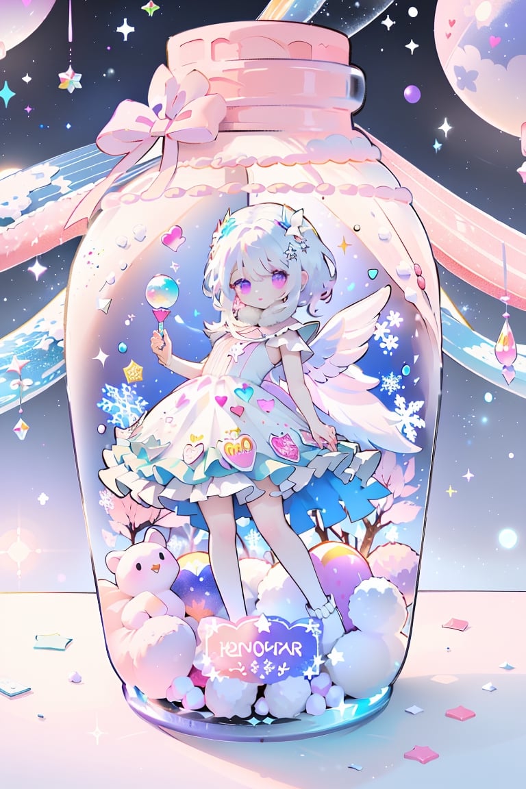 ((((1girl, bright white hair, long hair, purple eyes, pale skin, lolita dress, white dress, short dress, white thigh stockings, small breasts, pale skin, soft skin, rainbow, hearts, pastel, crystals, halo, colorful, doll, pink, purple, blue))))
((sun))
((lots of dolls everywhere))
((background, outside, sakura trees, lake, flowers, Hyacinths, forest, snow, snowing, snowflake, ice))
((light atmosphere))
(fluffy, soft, light, bright, sparkles, twinkle, cute, pink, purple, blue, clouds, pastel, light colors, glitter, happy, normal pupil)
best quality, masterpiece, Detailedface, high_res 8K, candyland, full background, candy, sweets, lollipop, chocolate, ice cream, swirl lollipop, strawberry, ice cream, doughnut, cake, cupcake, balloon, chocolate bar, bubble, cream, whipped cream, dessert, pastry, candy wrapper, icing, teacup, confetti, cotton candy, JAR