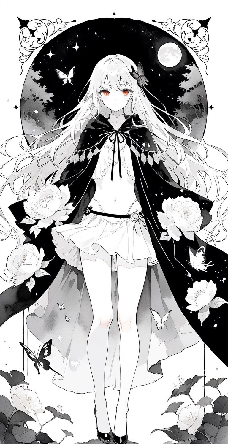 Black and white line drawing, only the eyes have color, masterpiece, best, aesthetic, 1girl, solo, tarot cards, sexy robe, 20-year-old woman, standing, white hair, flying long hair, exposed navel, skirt, cloak , red eyes, night, moon, forest, flowers, magic butterfly, beauty, simple watercolor background \(center\), very detailed,black and white