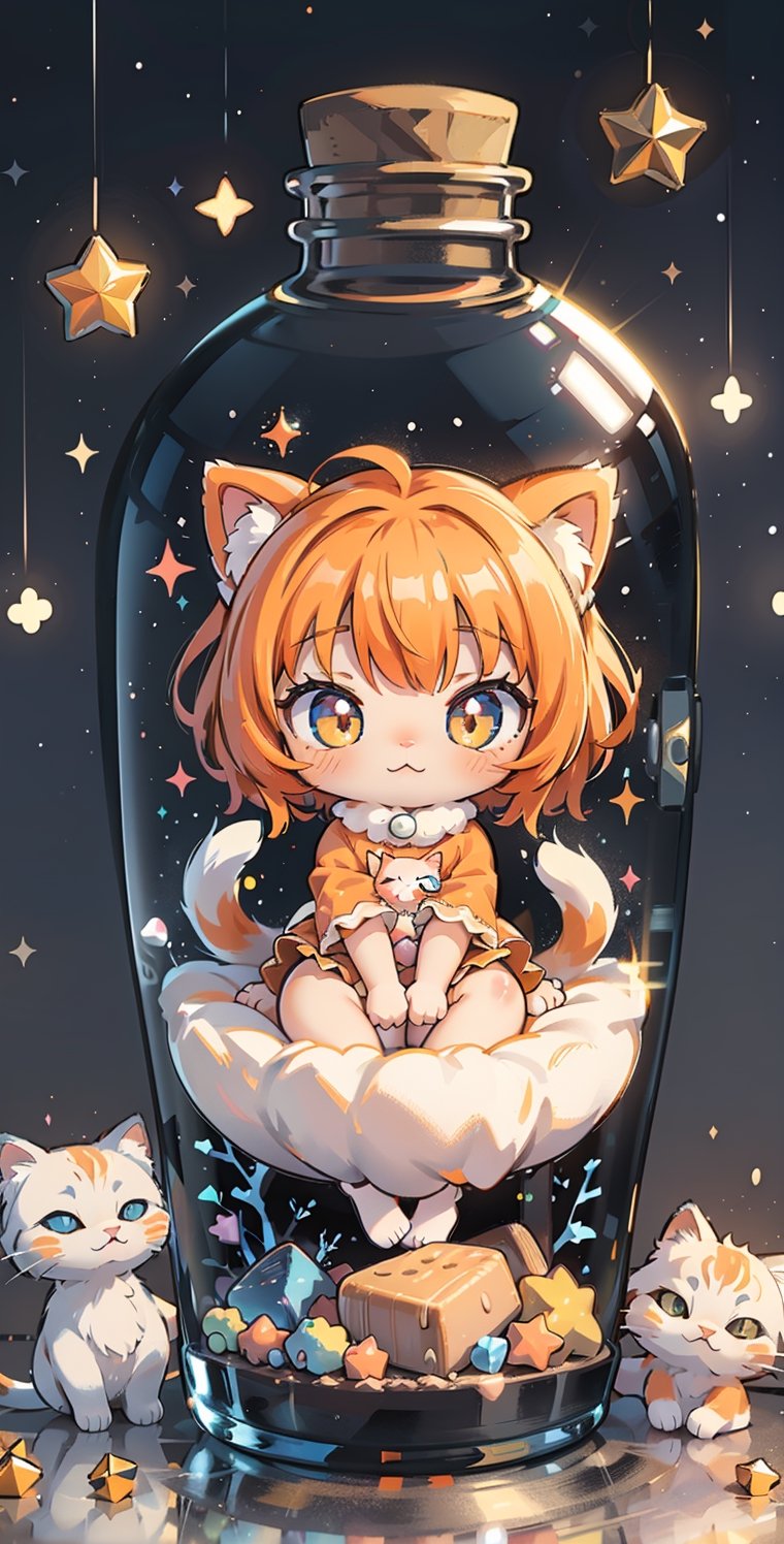 ((Cut out toy), (3D orange mixed white kitten)) Close up angle surrounded by sparkling dream bubbles, animal, detailed focus, fluffy fluffy kitten, deep bokeh, beautiful, warm and sweet cute background with many cat shaped cookies. Visually pleasing, 3D, more details XL, Chibi, kawaiitech