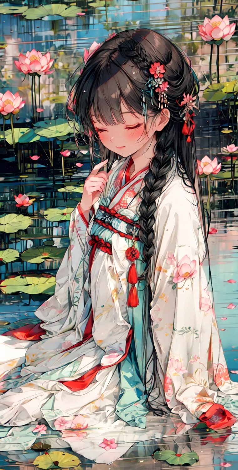 Dusk, sunset, sparkling, black hair, long flowing hair, short side braid, eyes closed, 1girl, medium chest, traditional Chinese costume, lowered in thought, sitting cross-legged, meditating, on the grass, lotus blooms, petals flying, pumping Like background, 8k, ultra high quality, high definition painting, masterpiece, careful composition, GBH,hanfu