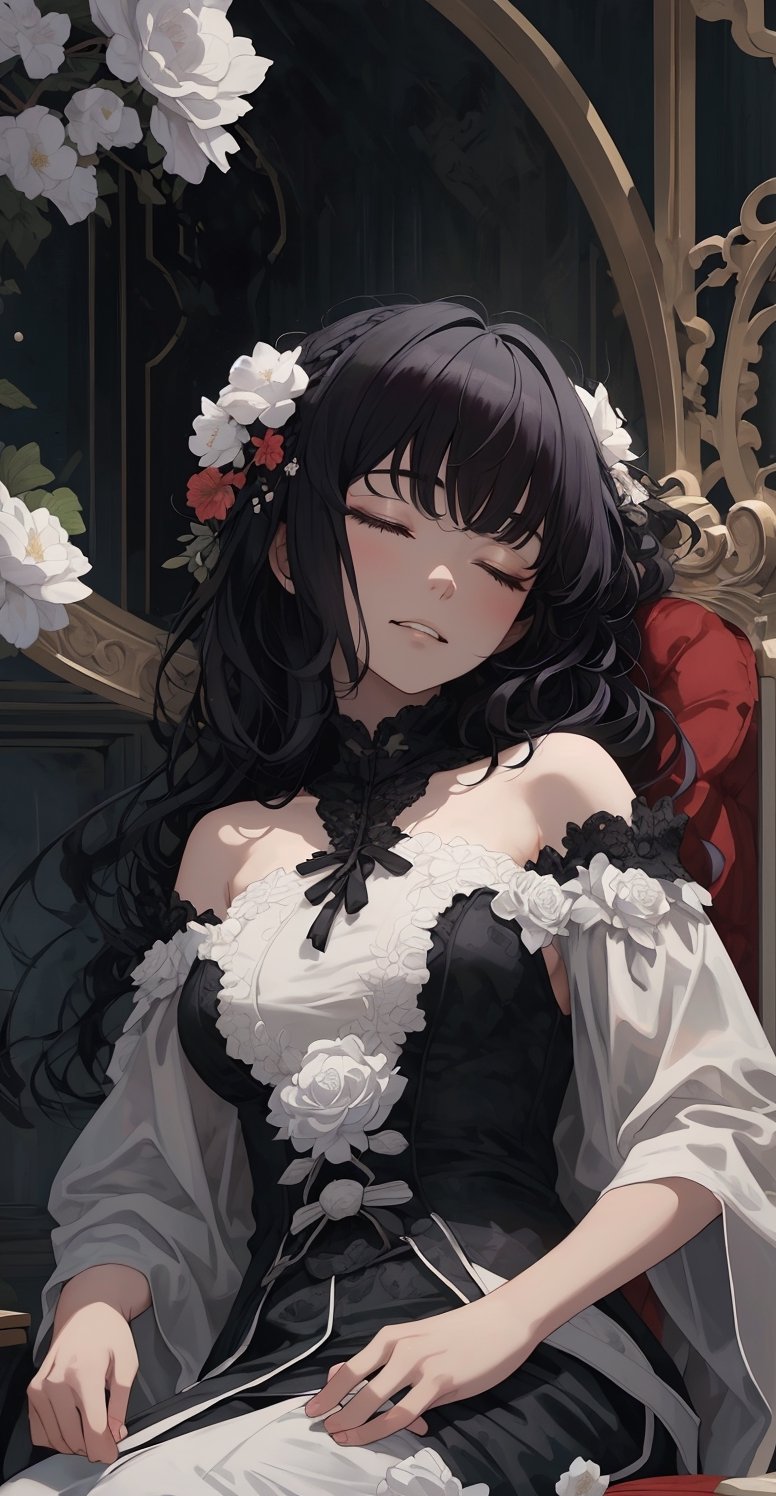 Looking at the audience, masterpiece, soft lighting, black hair mixed with white hair, black hair with white highlights, open top, exposed shoulders, 1girl, silver eyes, gauze, evil smile, showing small canine teeth, upper body, Closed mouth, flowers, female focus, solo focus, sitting on chair, \(flower\)