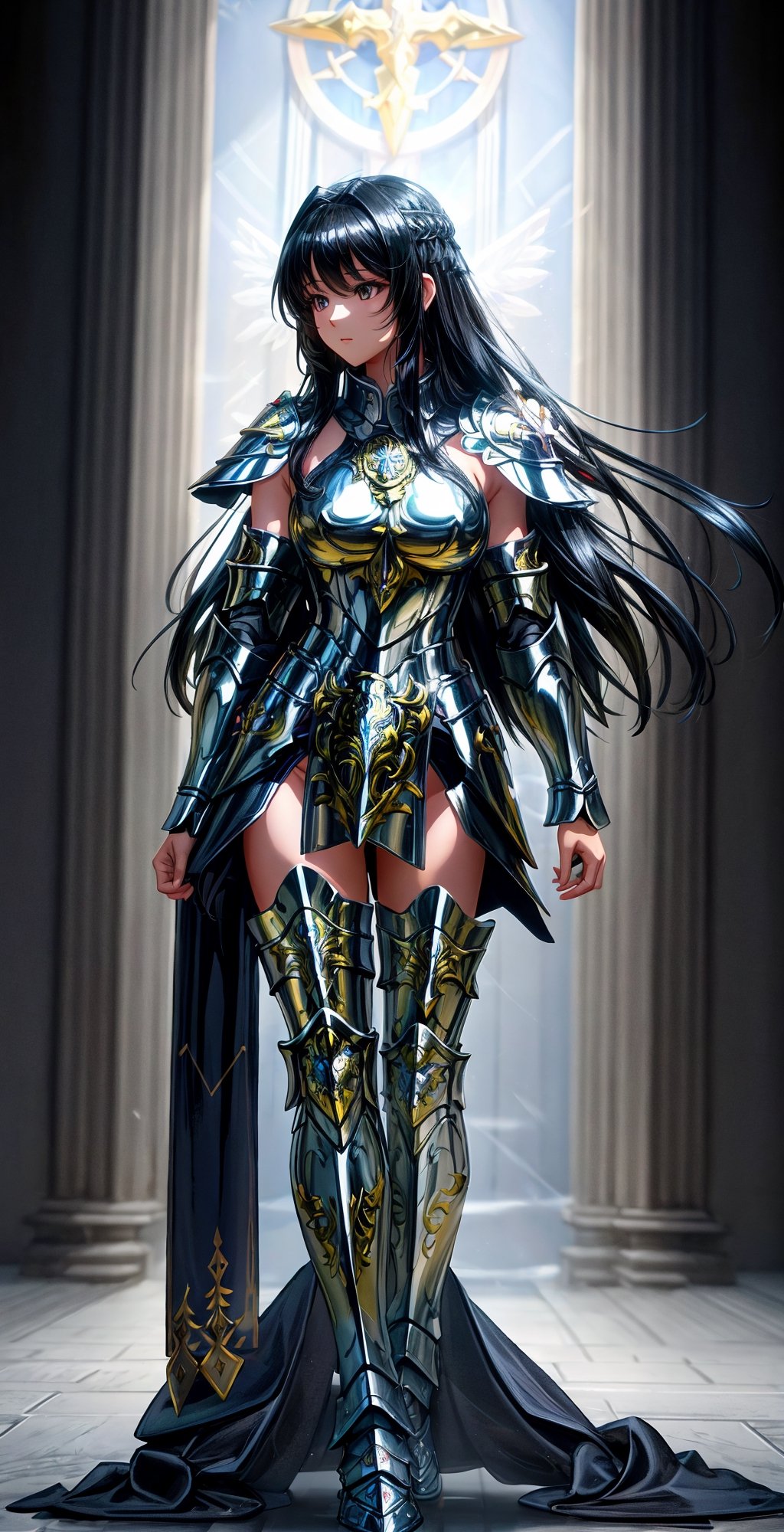 photo, masterpiece, highly detailed 8k, photography, best surreal quality, volumetric lighting and shadows, young woman wearing holy cloth sacred armor, smooth shiny black long hair, roman sanctuary, very good figure, holy cloth sacred armor