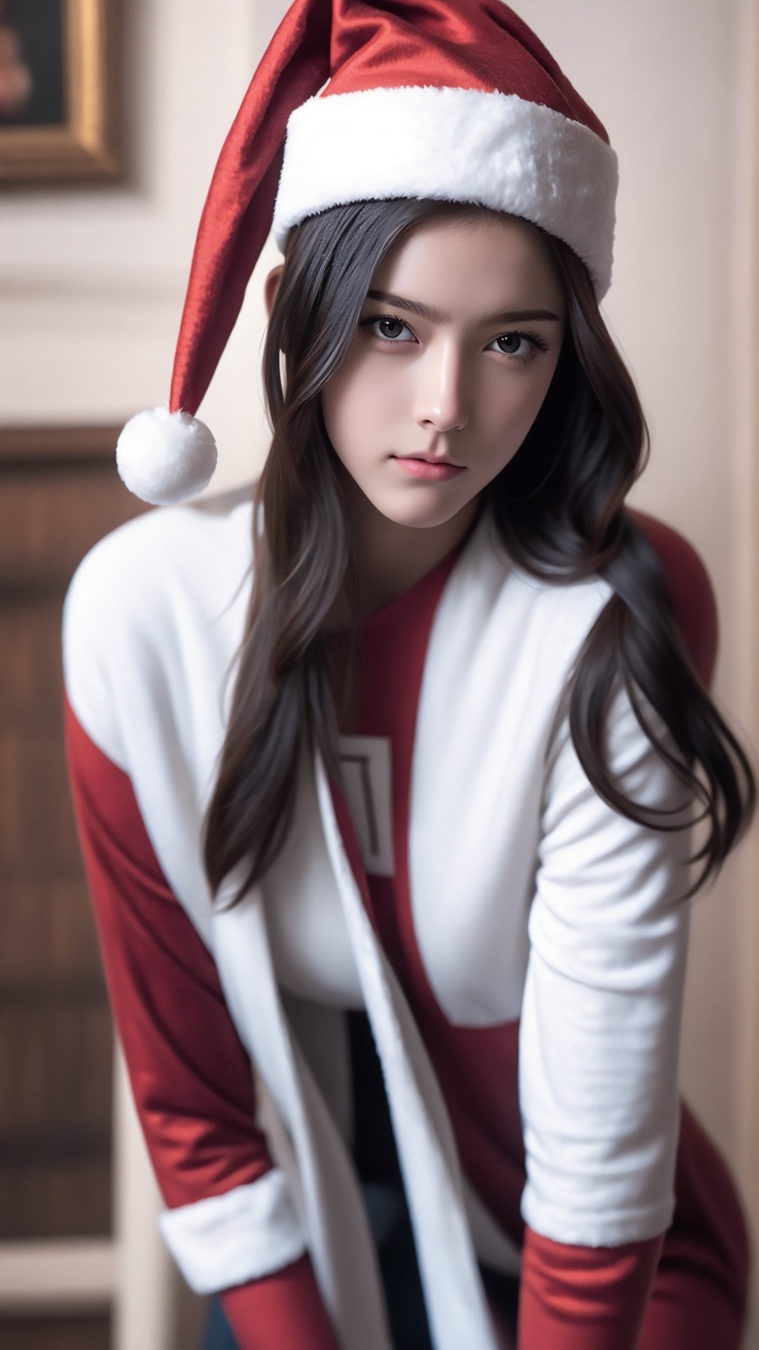 wallpaper character,
1girl, solo, (full body), santa suit, christmas_hat, 1girl, solo, telephoto lens, exquisite facial features, perfect face, glowing skin, long hair,