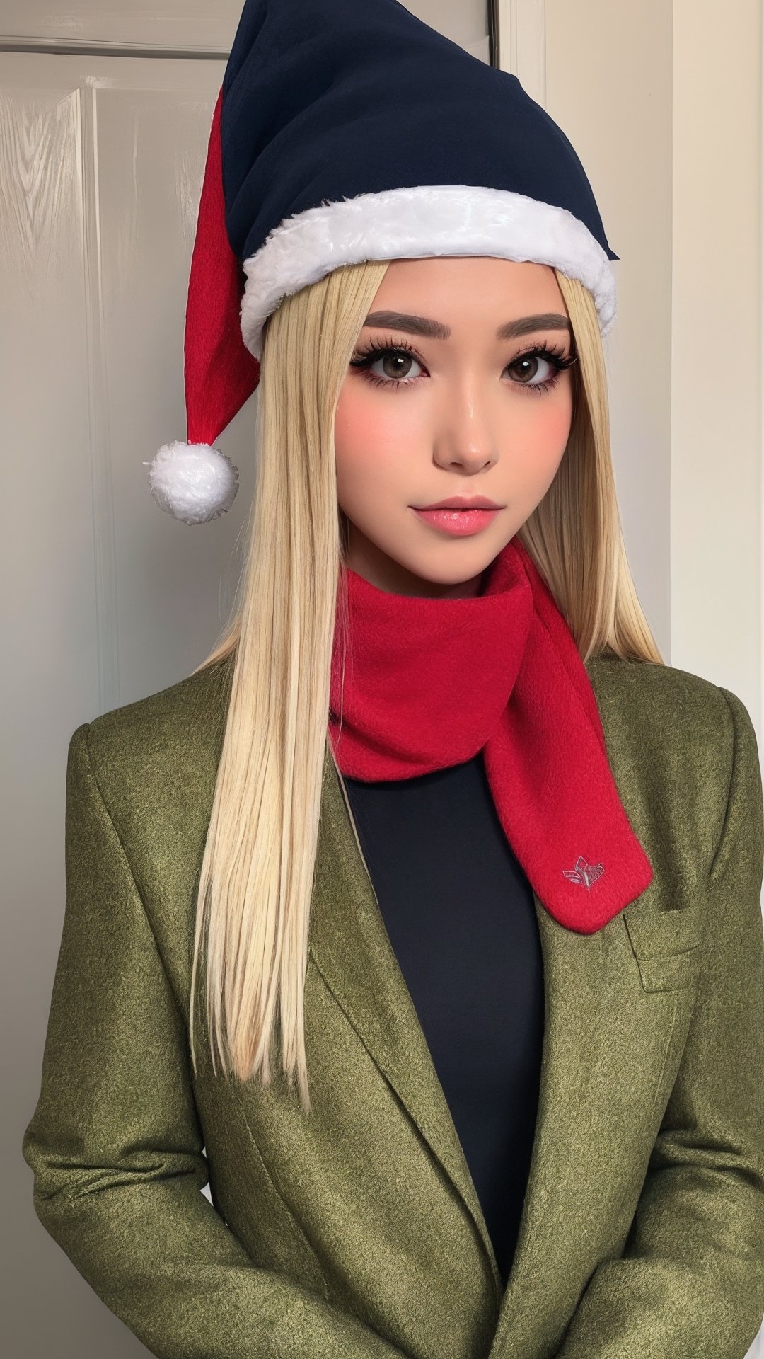 masterpiece,  best quality,  1girl,  solo,  gakuran,  christmas hat, christmas suit, long hair,  Naruto uzumaki,  long blonde hair,  spiked hair , n4rut0, facial mark,  forehead protector,  konohagakure symbol,izumi ran,transgirl