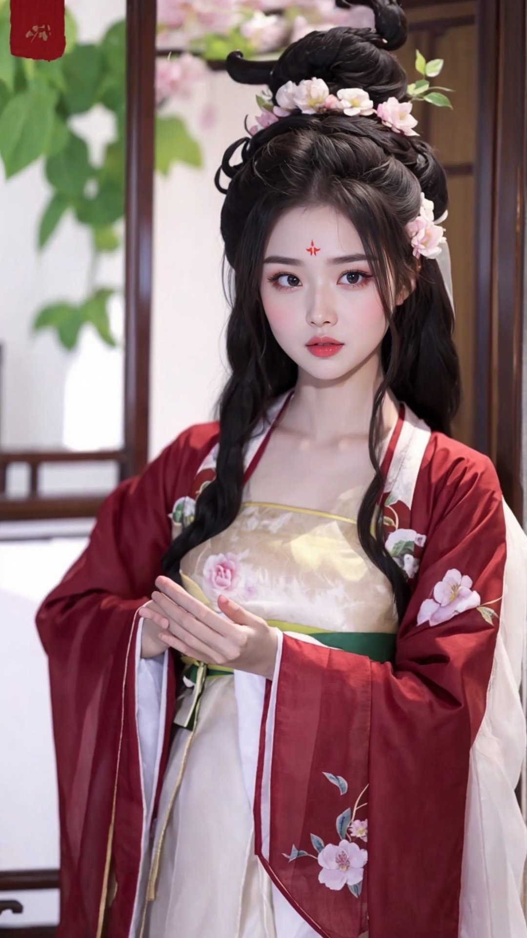 tienhiep, hanfu,
(Hands:1.1), better_hands, realhands
1girl, solo, long hair, black hair, hair ornament, long sleeves, upper body, flower, see-through, blurry background, facial mark, chinese clothes, forehead mark, realistic, hanfu, tienhiep