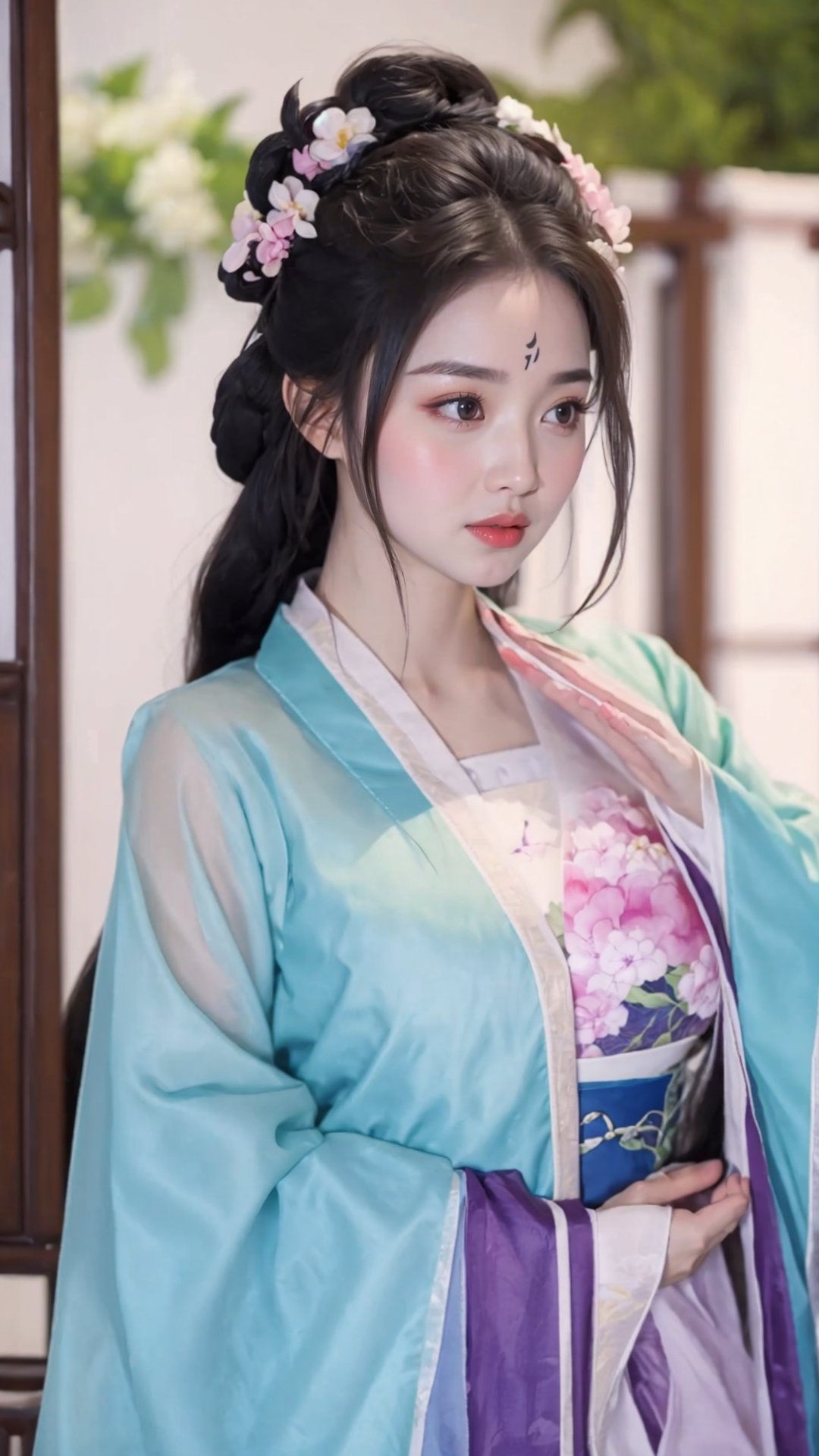 tienhiep, hanfu,
(Hands:1.1), better_hands, realhands
1girl, solo, long hair, black hair, hair ornament, long sleeves, upper body, flower, see-through, blurry background, facial mark, chinese clothes, forehead mark, realistic, hanfu, tienhiep