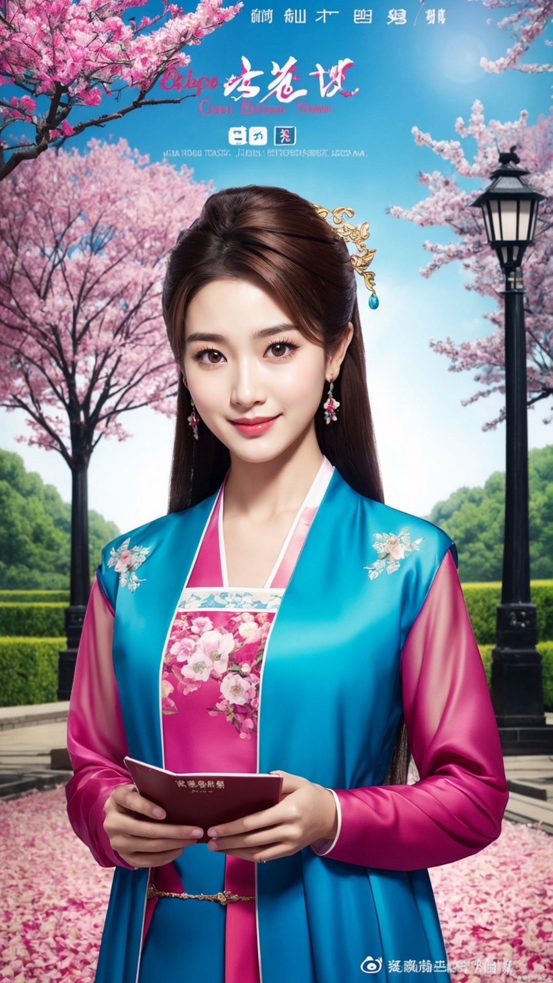 poster wallpaper, 1girl, solo, long hair, looking at viewer, brown hair, hair ornament, long sleeves, dress, holding, brown eyes, jewelry, upper body, earrings, watermark, chinese clothes, 1girl, solo, long hair, looking at viewer, black hair, brown eyes, tree, lips, petals, cherry blossoms, realistic, chinese text, hanfu, tienhiep, smile