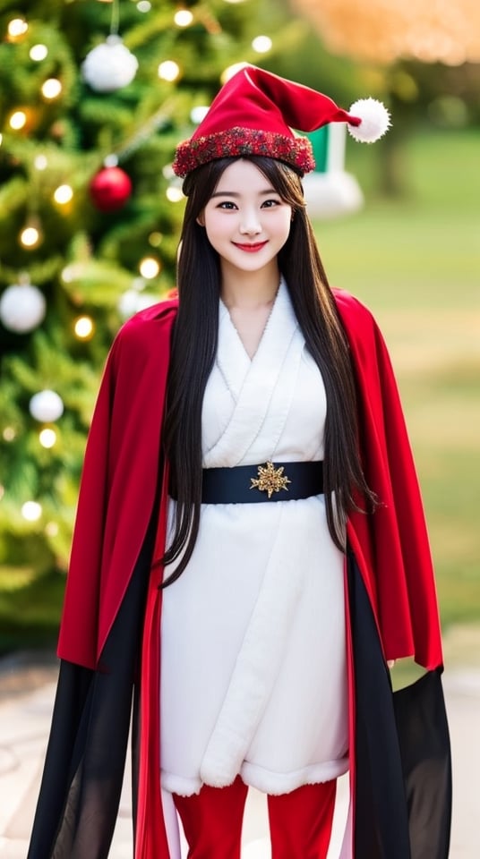wallpaper character,
1girl, solo, (full body), santa suit, christmas_hat, smile, 
1girl, solo, telephoto lens, exquisite facial features, perfect face, glowing skin, long hair,tienhiep,hanfu
