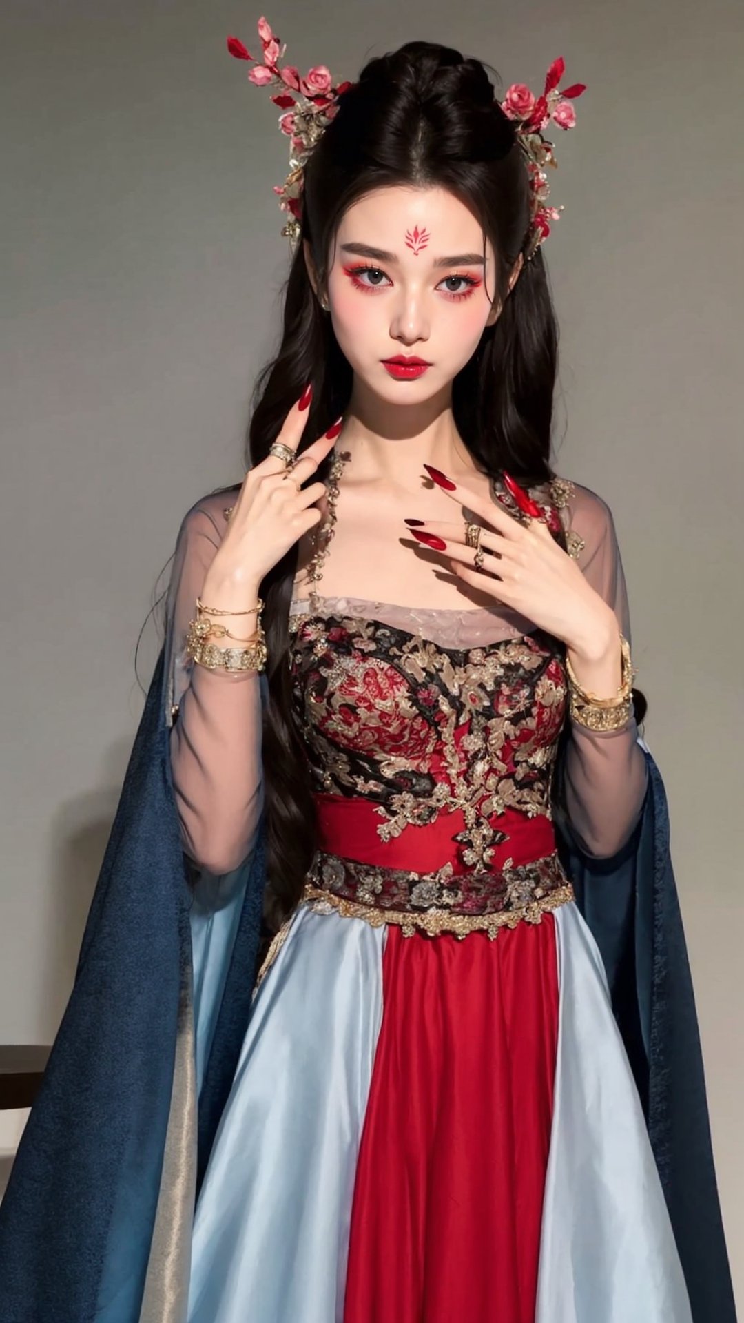fairy hanfu, 1girl, solo, long hair, looking at viewer, black hair, long sleeves, dress, jewelry, upper body, grey background, black eyes, bracelet, fingernails, see-through, facial mark, red dress, ring, red nails, forehead mark, realistic, tienhiep,