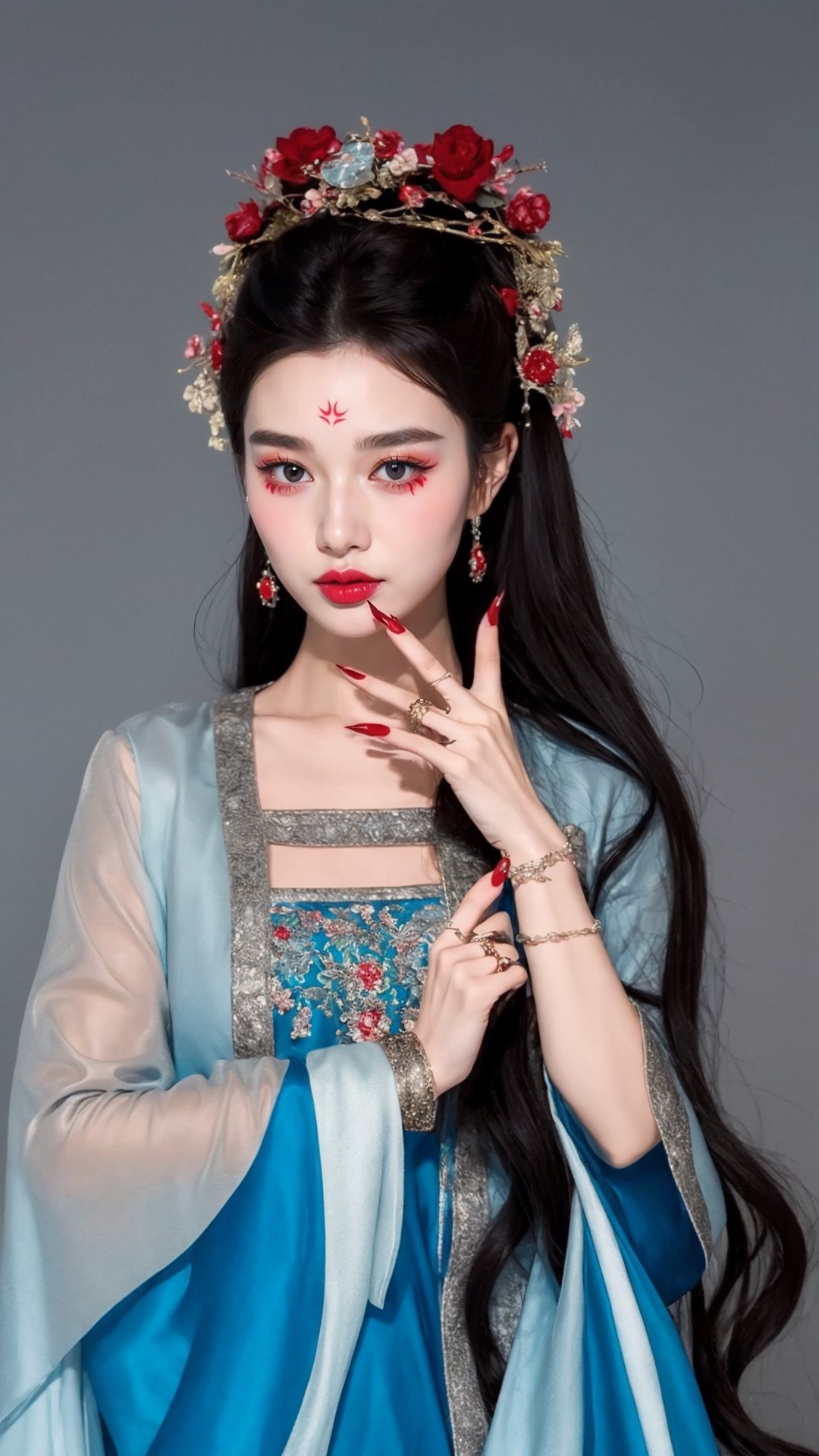 fairy hanfu, 1girl, solo, long hair, looking at viewer, black hair, long sleeves, dress, jewelry, upper body, grey background, black eyes, bracelet, fingernails, see-through, facial mark, red dress, ring, red nails, forehead mark, realistic, tienhiep,