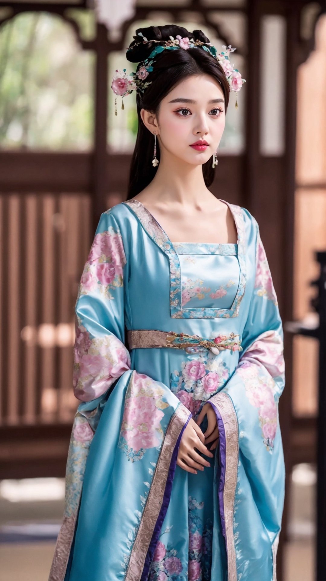 fairy hanfu, 1girl, long hair, black hair, hair ornament, dress, jewelry, earrings, solo focus, hair bun, blurry, blurry background, chinese clothes, single hair bun, tienhiep