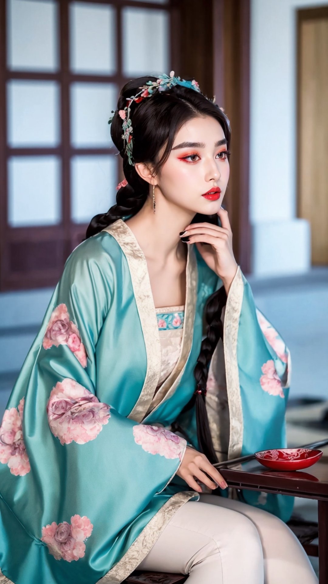 fairy hanfu, 1girl, solo, long hair, long sleeves, sitting, upper body, braid, white hair, parted lips, artist name, indoors, blurry, lips, grey eyes, makeup, blurry background, chinese clothes, thick eyebrows, realistic, nose, chinese text, red lips, tienhiep