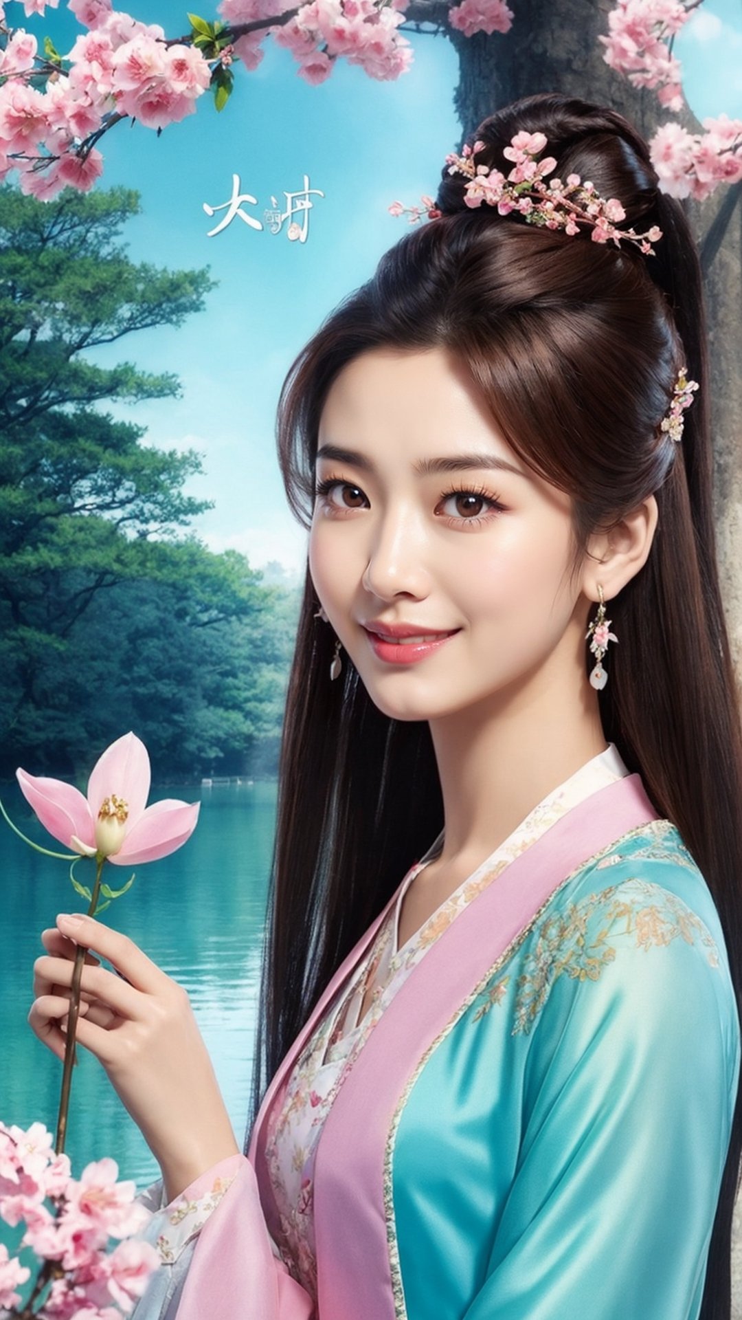 poster wallpaper, 1girl, solo, long hair, looking at viewer, brown hair, hair ornament, long sleeves, dress, holding, brown eyes, jewelry, upper body, earrings, watermark, chinese clothes, 1girl, solo, long hair, looking at viewer, black hair, brown eyes, tree, lips, petals, cherry blossoms, realistic, chinese text, hanfu, tienhiep, smile