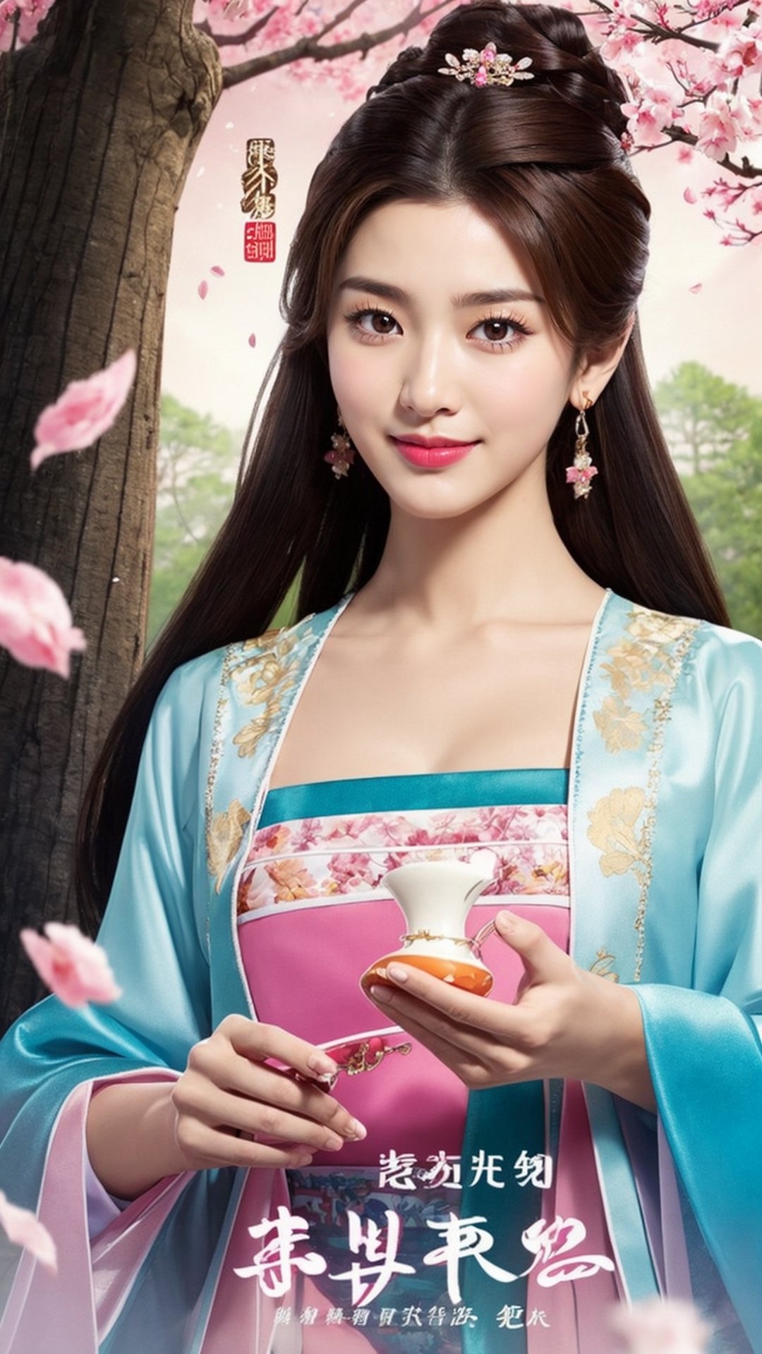 poster wallpaper, 1girl, solo, long hair, looking at viewer, brown hair, hair ornament, long sleeves, dress, holding, brown eyes, jewelry, upper body, earrings, watermark, chinese clothes, black hair, brown eyes, tree, lips, petals, cherry blossoms, realistic, chinese text, hanfu, tienhiep, smile