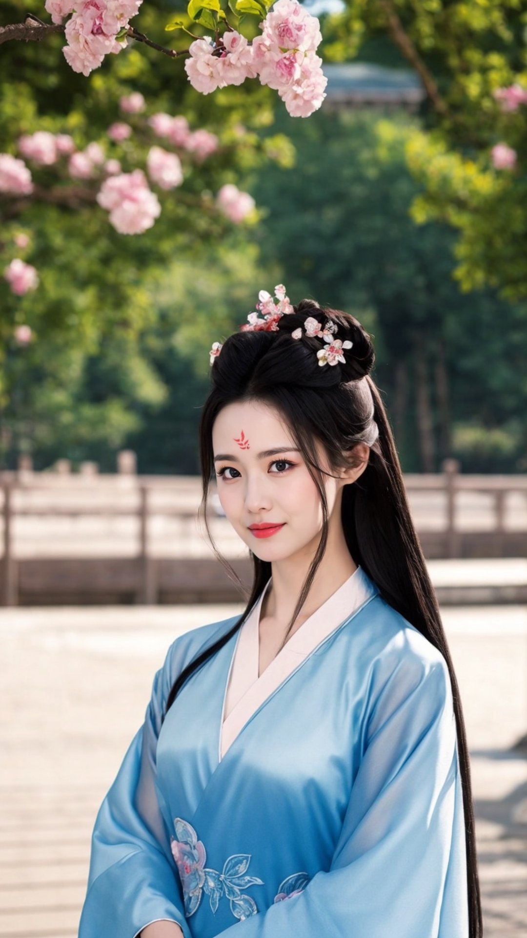 fairy hanfu, 1girl, solo, long hair, black hair, hair ornament, long sleeves, upper body, flower, see-through, blurry background, facial mark, chinese clothes, forehead mark, realistic, hanfu, tienhiep