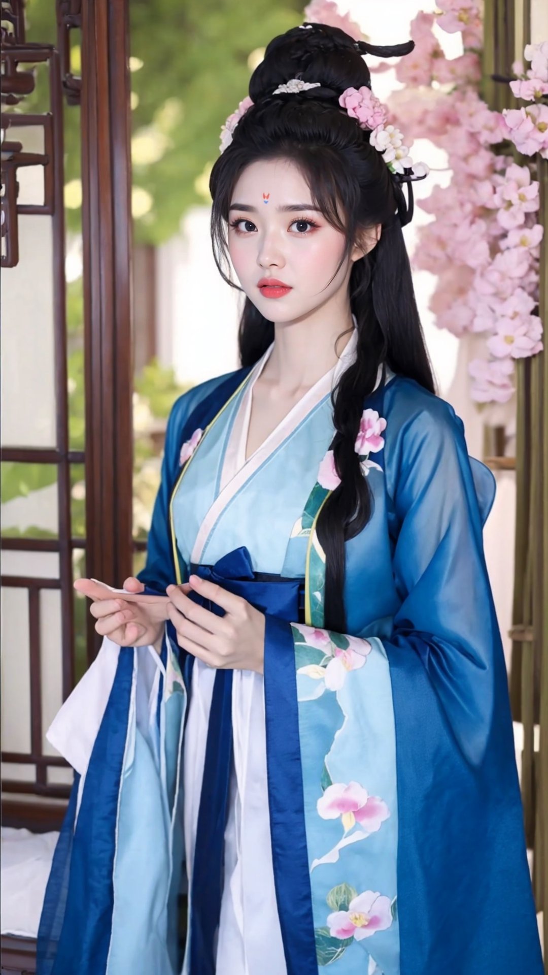 tienhiep, hanfu,
(Hands:1.1), better_hands, realhands
1girl, solo, long hair, black hair, hair ornament, long sleeves, upper body, flower, see-through, blurry background, facial mark, chinese clothes, forehead mark, realistic, hanfu, tienhiep