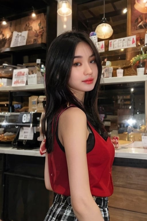 1 girl, pretty girl, 

mole on left cheek,

black hair,twintails,

small breasts,

wearing red minidress,

standing in front of coffee shop