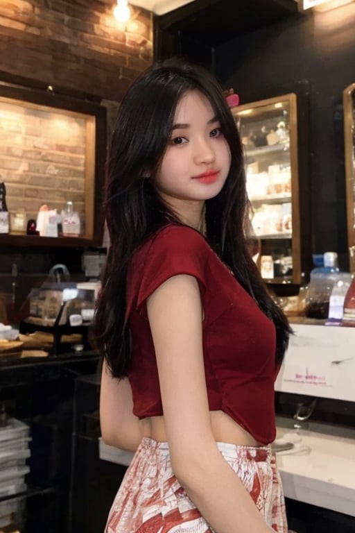 1 girl, pretty girl, 

mole on left cheek,

black hair,twintails,

small breasts,

wearing red minidress,

standing in front of coffee shop