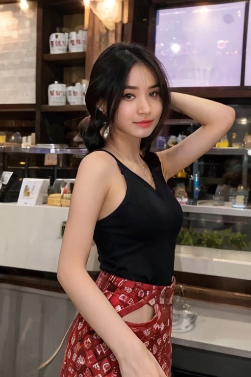 1 girl, pretty girl, 

mole on left cheek,

black hair,twintails,

small breasts,

wearing red minidress,

standing in front of coffee shop

using camera nikon Nikon D3500 24.2MP DSLR Camera with AF-P DX NIKKOR 18-55mm f/3.5-5.6G VR Lens