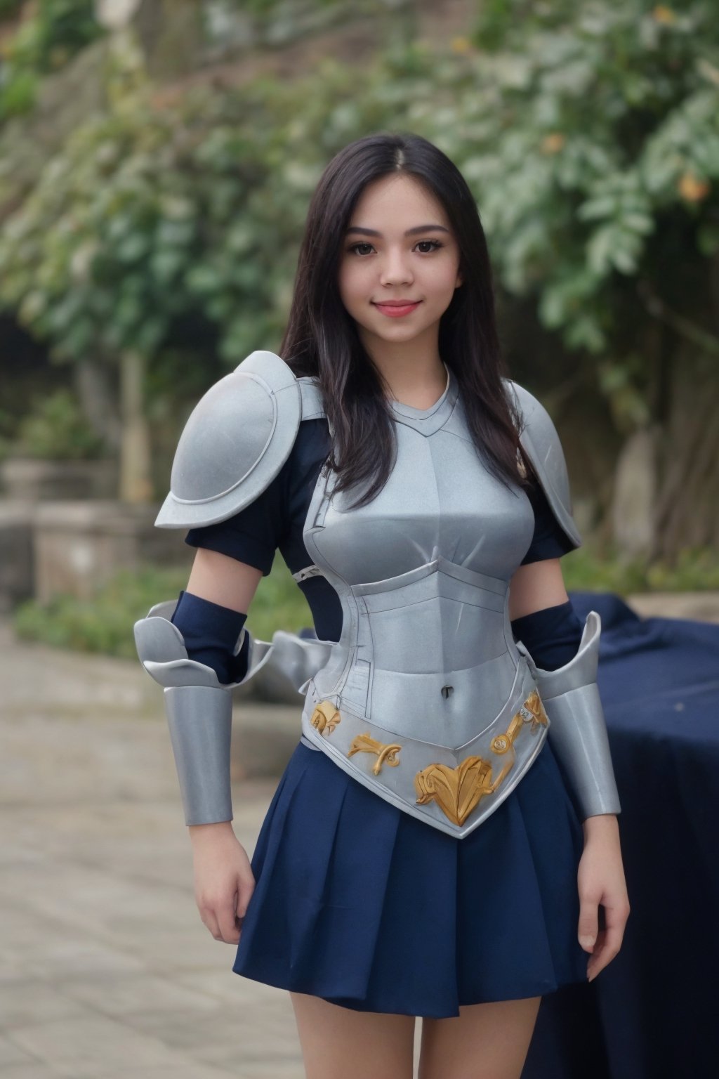 beautiful 24 year old girl, pale skin, benefits of Samsung S3 Ultra photo features, erzascarlet, armor, breastplate, gauntlets, shoulder armor, blue skirt, looking at viewer, smile, crossed arms