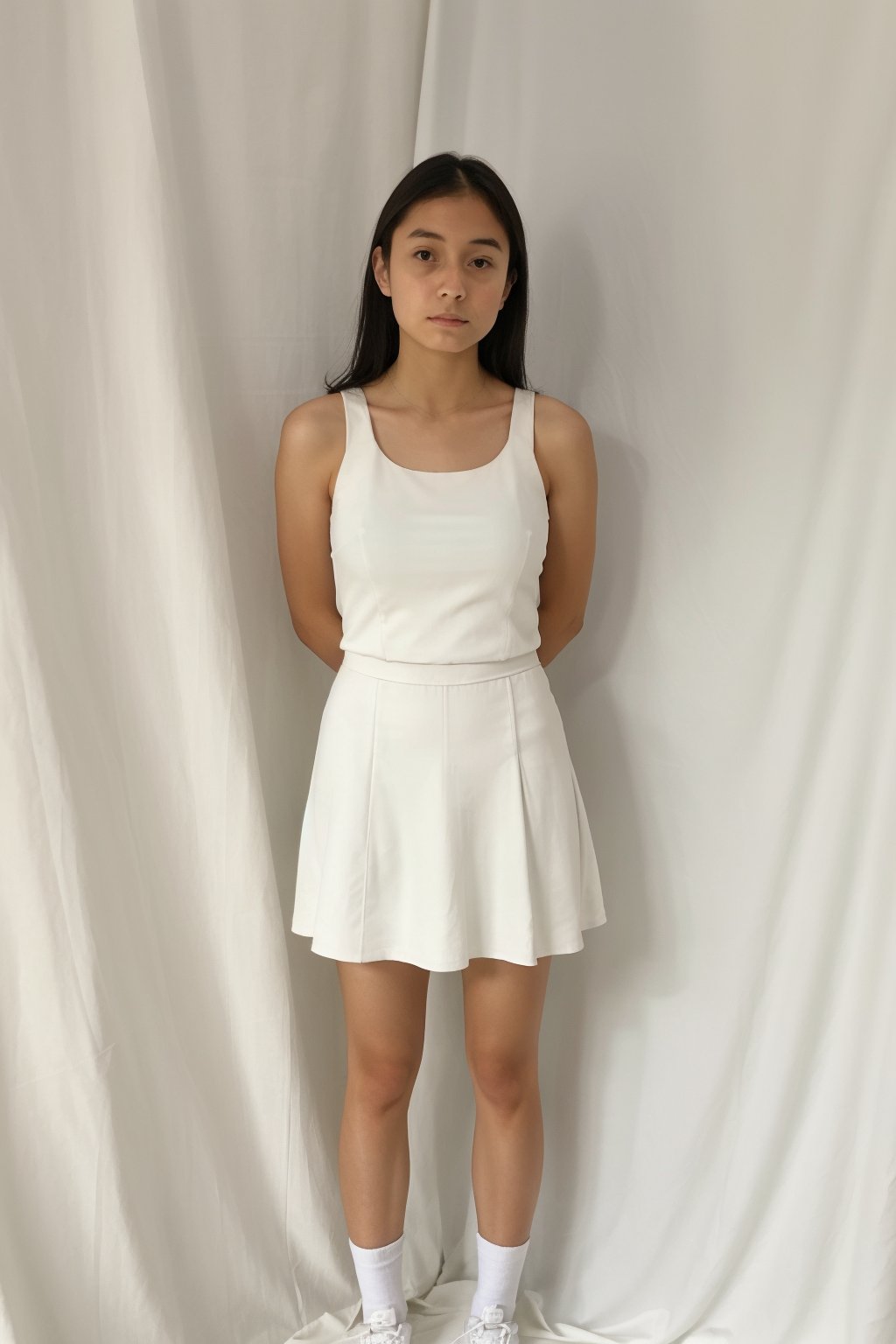 1girl, solo, long hair, looking at viewer, arms behind back, full_body, navle,
white tanktop, white miniskirt, tight miniskirt, white shoes, white socks, 
cowboy shot, indoors, realistic, inside photography studio, white curtain, 
standing, thighs, front view, disgust expression, looking down, white panties, ((skirt lift pov,from below, lifted by self))