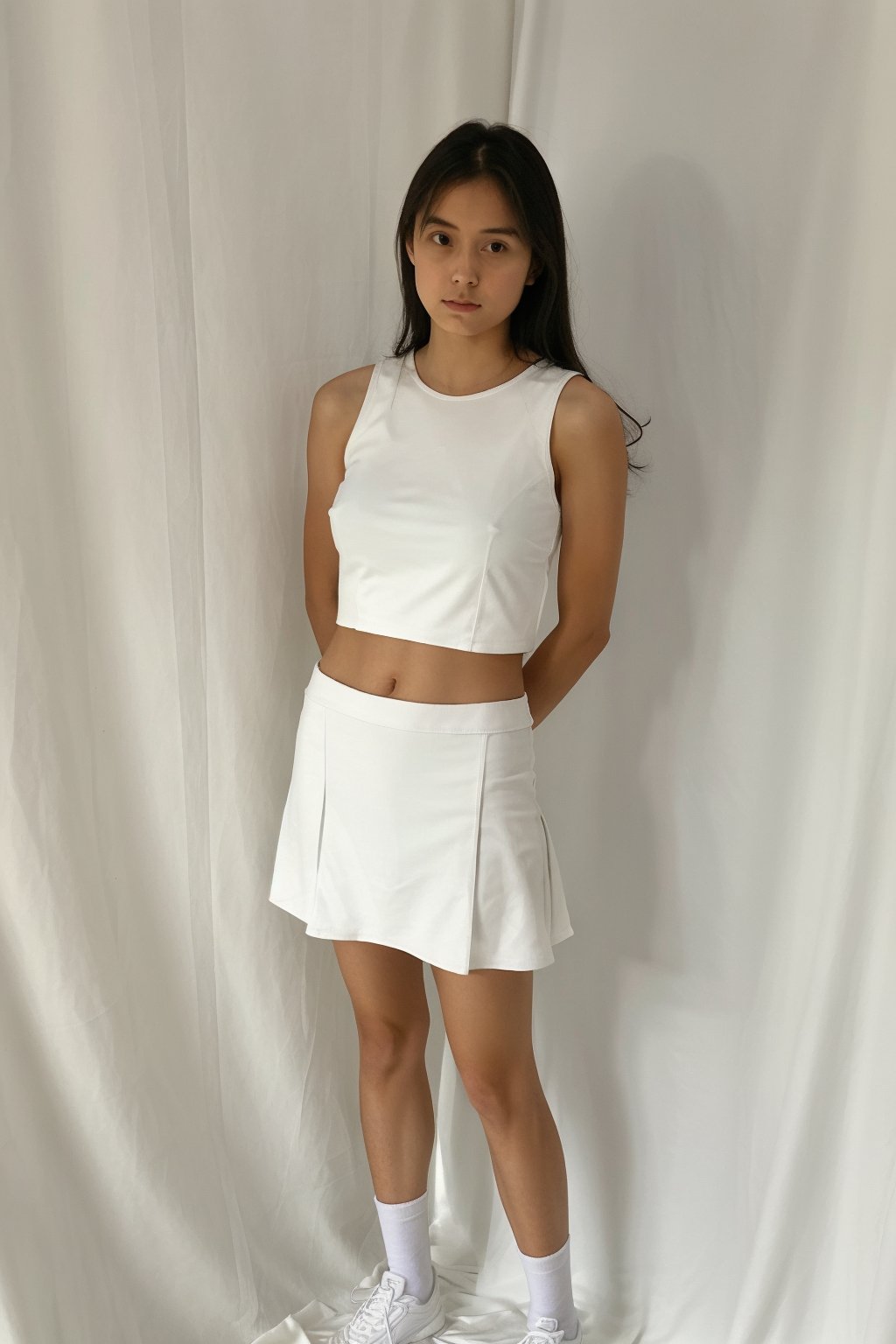 1girl, solo, long hair, looking at viewer, full_body, navle,
white tanktop, white miniskirt, tight miniskirt, white shoes, white socks, 
cowboy shot, indoors, realistic, inside photography studio, white curtain, 
standing, thighs, ((lifting shirt, underboobs))