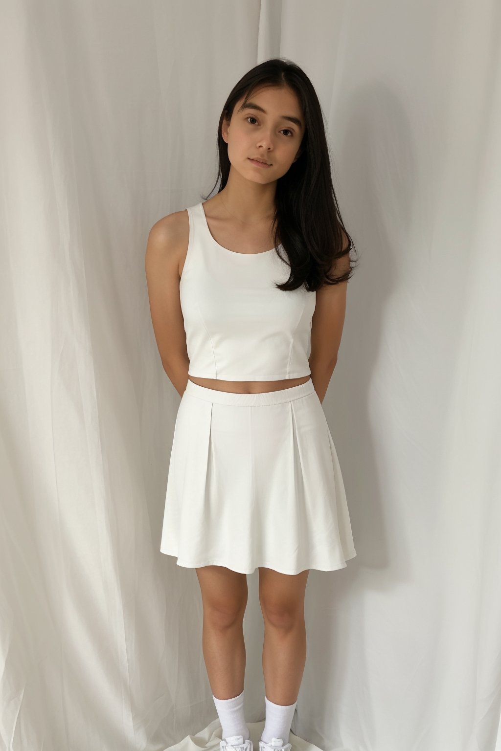 1girl, solo, long hair, looking at viewer, arms behind back, full_body, navle,
white tanktop, white miniskirt, tight miniskirt, white shoes, white socks, 
cowboy shot, indoors, realistic, inside photography studio, white curtain, 
standing, thighs, front view,((skirt lift pov,from below, lifted by self))