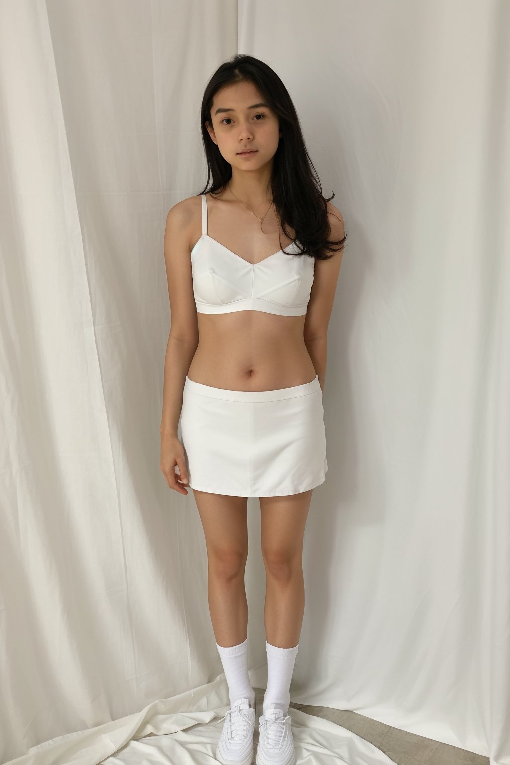 1girl, solo, long hair, looking at viewer,  full_body, navle,
((white bra)), white miniskirt, tight miniskirt, white shoes, white socks, 
cowboy shot, indoors, realistic, inside photography studio, white curtain, 
standing, thighs, front view, nsfw