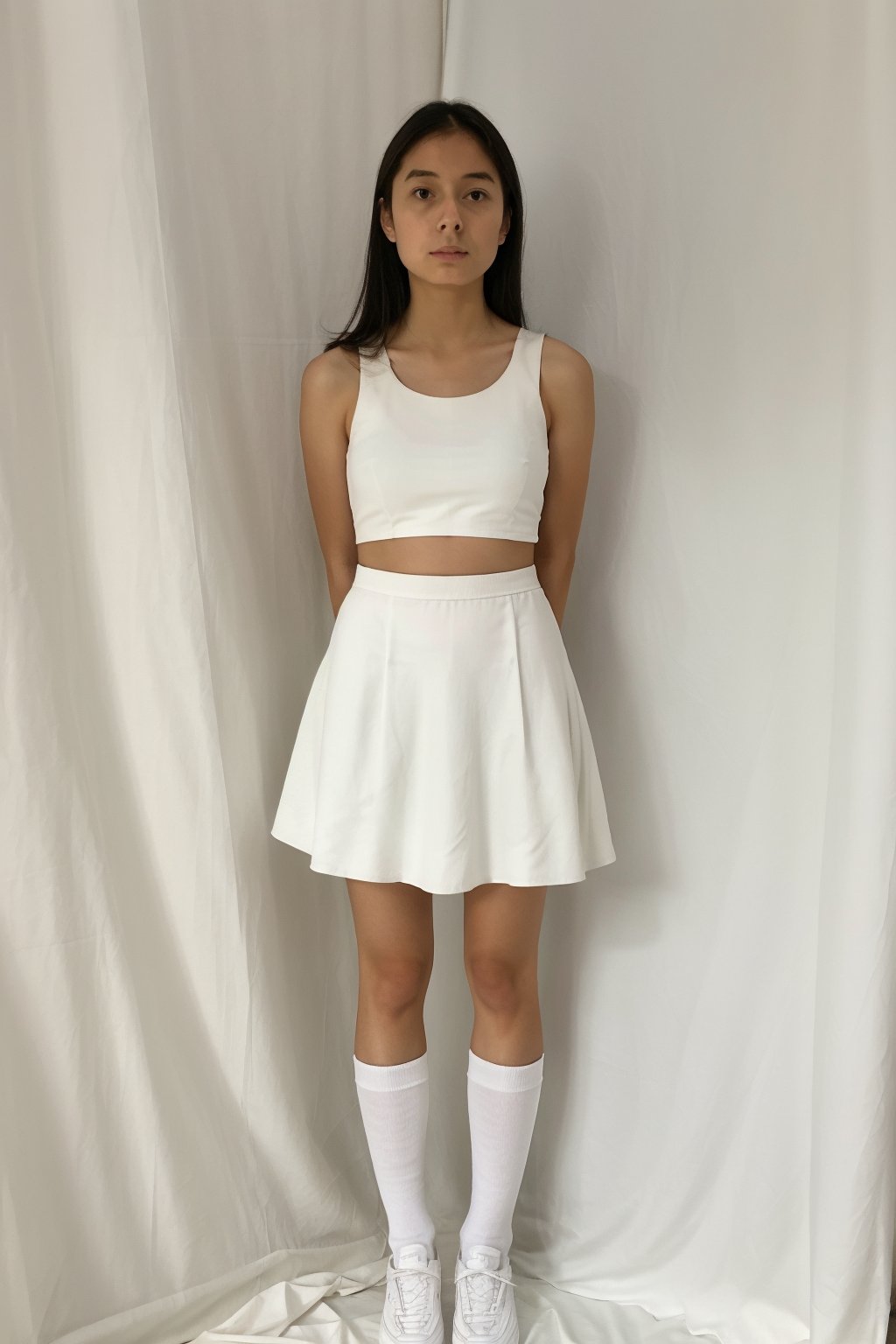 1girl, solo, long hair, looking at viewer, full_body, navle,
white tanktop, white miniskirt, tight miniskirt, white shoes, white socks, 
cowboy shot, indoors, realistic, inside photography studio, white curtain, 
standing, thighs, front view, ((disgust expression, looking down, white panties, skirt lift pov,from below, lifted by self))