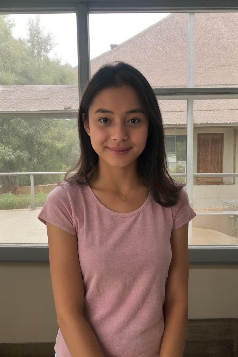 1girl, solo, petite, long hair, looking at viewer, smile, shirt, closed mouth, upper body, short sleeves, one eye closed, indoors, pink shirt, realistic, traditional_media