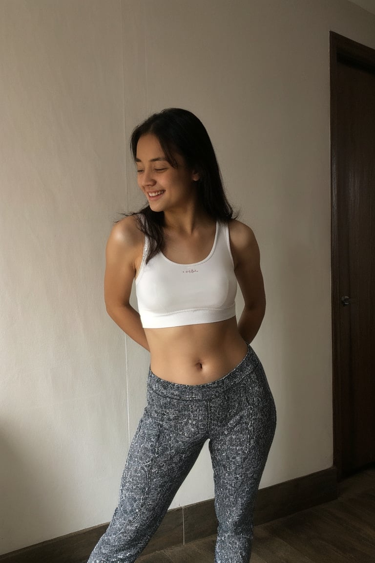 1girl, solo, petite, long hair, looking at viewer, smile, torn tank top++, torn yoga pants++, arousal, trembling, heat body, upper body, indoors, realistic, traditional_media, torn clothes