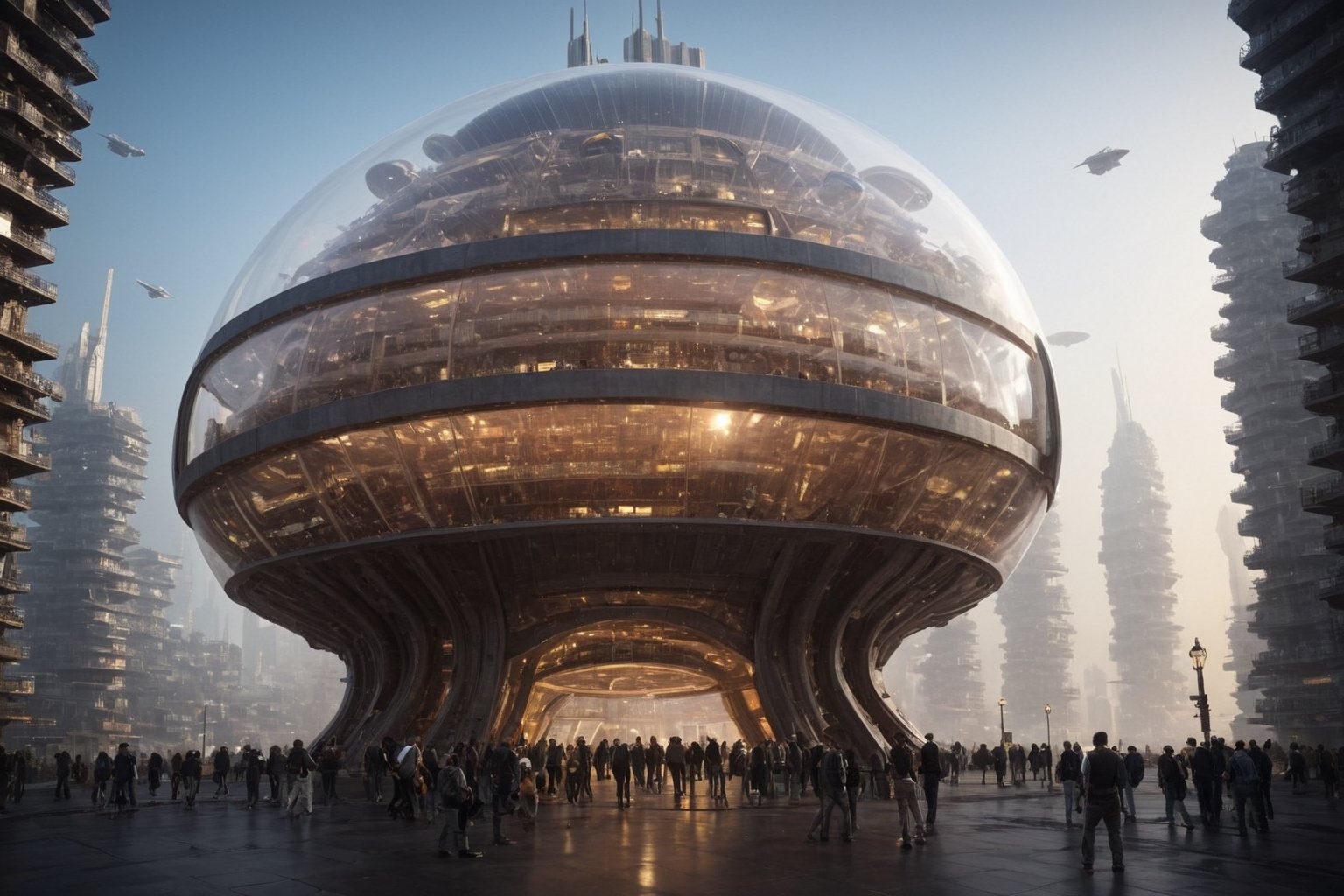 A new type of flying ship for sightseeing in the city of the future with glass dome, Residents live in a sizable number of glass bubble capsules, The alien colonial cities of the future look like towering ant nests built in Halong Bay filled with fog, glass dome, communications spire landmark, aircraft terminal, aerial mass transportation, ((The steel tower in the imperial capital of Star Wars, the Rubik's Cube and Golden Tower of the corporate headquarters in Blade Runner, The floating kingdom of Hayao Miyazaki's Castle in the Sky, the catacombs of Paris are full of skulls, Famous British architect Dream Detective)), (futuristic:1.2), a huge military factory made of steel, glass, fog, sun, in the clouds, , futuristic military planes, moody tones, 
(real landscape:1.1), (blurred background:1.0), 
LW, ,industrialbuilding,xtower,futureskyline,futureurban,scifiurban