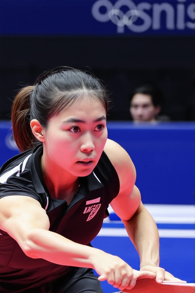 A close-up shot of a determined-looking female table tennis player at the Olympic Games. Her eyes are focused intently on the opponent's paddle, her brow furrowed in concentration. The camera captures the subtle tension in her facial muscles as she prepares to strike the ball with precision and power. Soft, golden lighting illuminates her face, highlighting the sharp lines of her jawline. In the background, a blurred table tennis table and spectators are visible, emphasizing the athlete's singular focus on the match.,hina