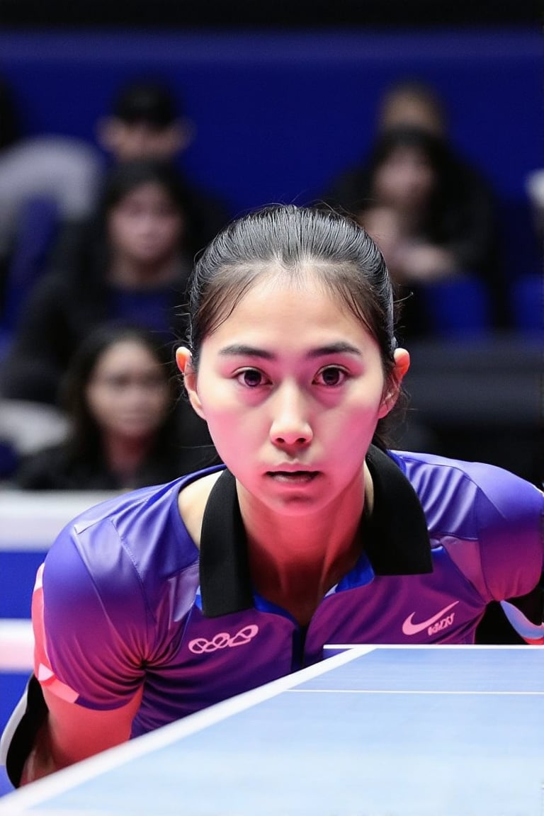 A close-up shot of a determined-looking female table tennis player at the Olympic Games. Her eyes are focused intently on the opponent's paddle, her brow furrowed in concentration. The camera captures the subtle tension in her facial muscles as she prepares to strike the ball with precision and power. Soft, golden lighting illuminates her face, highlighting the sharp lines of her jawline. In the background, a blurred table tennis table and spectators are visible, emphasizing the athlete's singular focus on the match.,hina