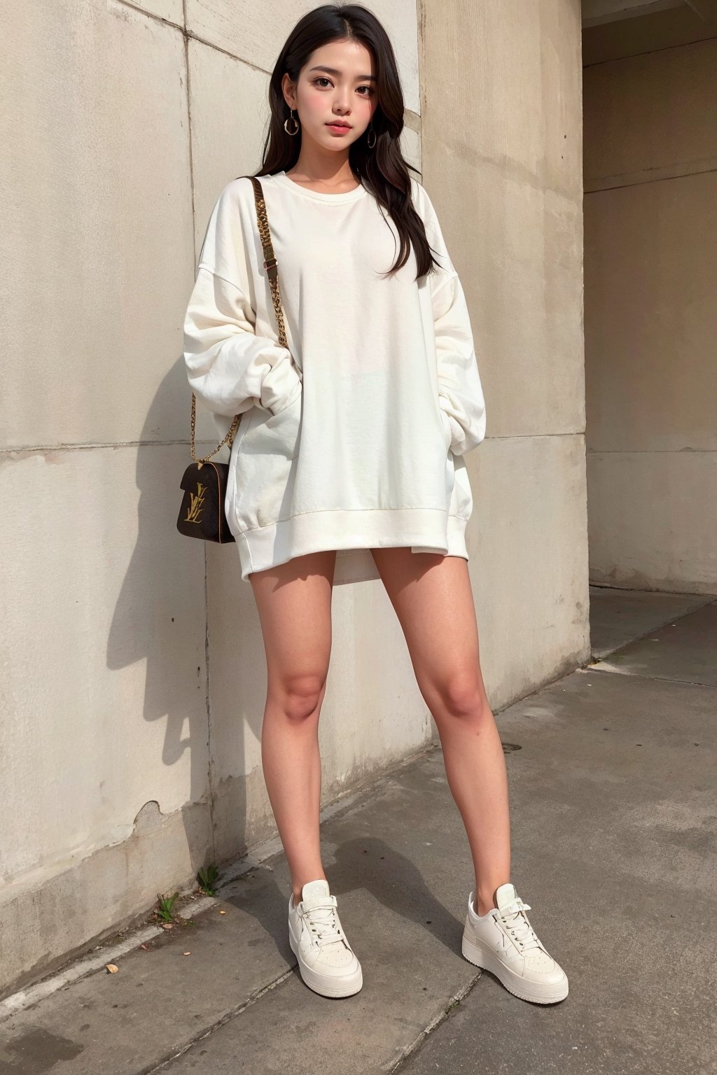 1girl, solo, long hair, black hair, dress, standing, full body, shoes, bag,louis vuitton bag, white footwear, sneakers, photo background,Perfect lips