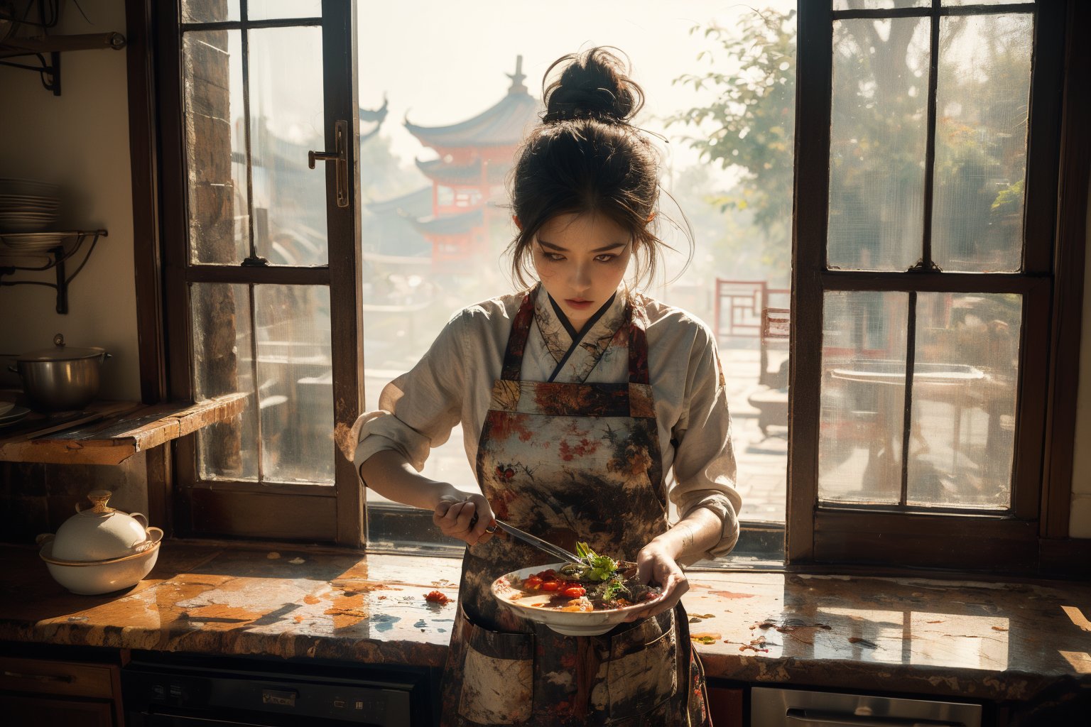 "Hyper-realistic watercolor painting. Medium shot. A beautiful Chinese woman prepares food in a kitchen with a window. Frame-filling hierarchy of composition. Soft, warm sunlight. Gentle, watercolor-caressed features. Subtle, wet-on-wet blending. Chef's hat, rustic apron. traditional Chinese Wooden window, old tile, morning dew. Earthy, muted color palette. Rich textures. Masterpiece. Intricate details. Figurative painting. Hyper-realism. Realistic still-life. Daily life scene. Soft focus."