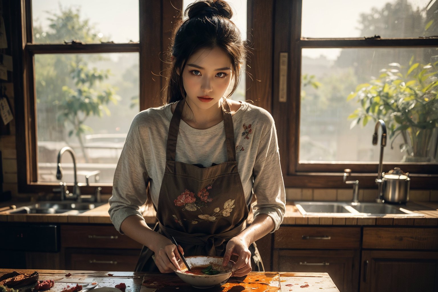 "Hyper-realistic watercolor painting. Medium shot. A beautiful Chinese woman prepares food in a kitchen with a window. Frame-filling hierarchy of composition. Soft, warm sunlight. Gentle, watercolor-caressed features. Subtle, wet-on-wet blending. Chef's hat, rustic apron. traditional Chinese Wooden window, old tile, morning dew. Earthy, muted color palette. Rich textures. Masterpiece. Intricate details. Figurative painting. Hyper-realism. Realistic still-life. Daily life scene. Soft focus."