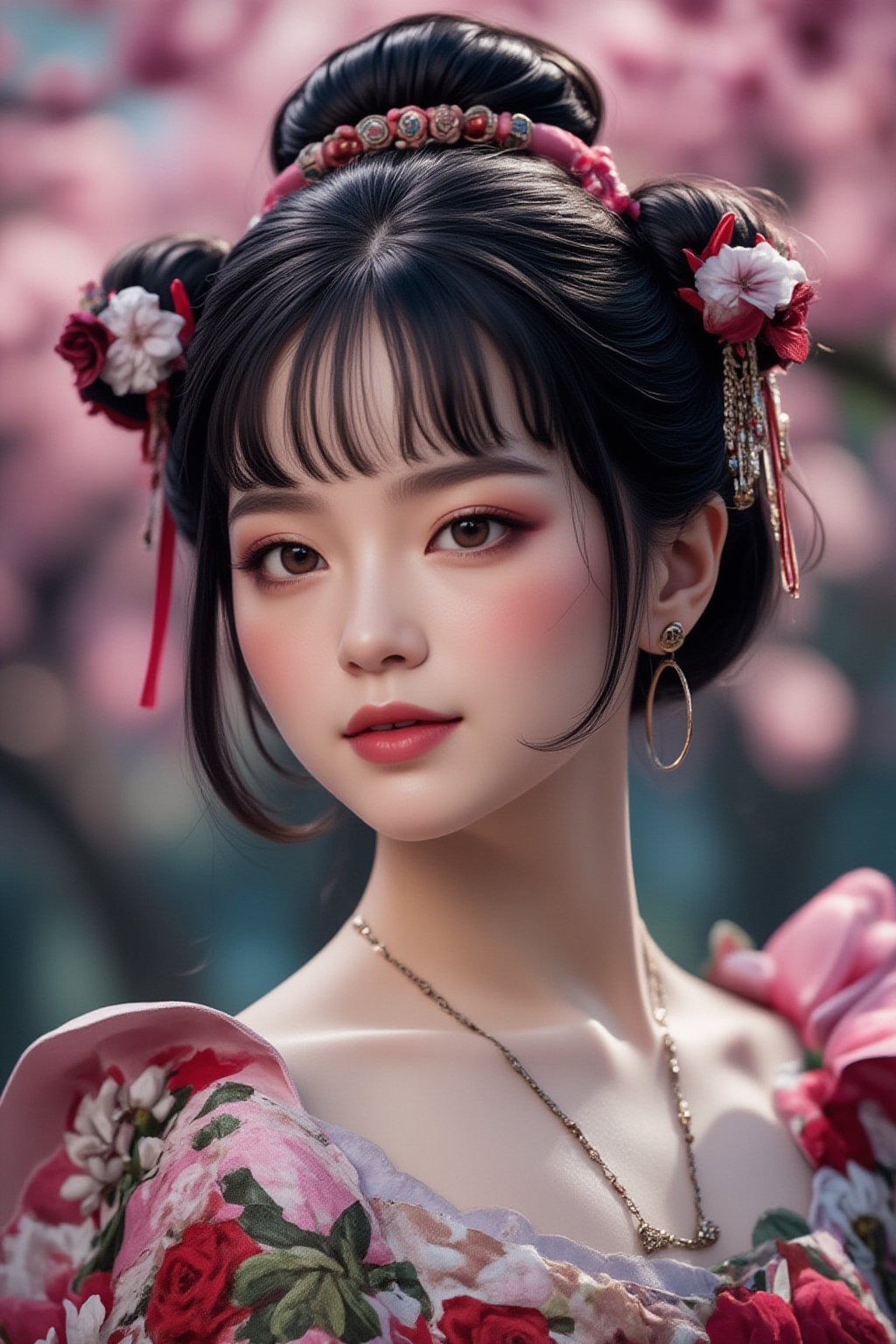 A serene Japanese maiden stands alone against a blurry backdrop of blooming cherry blossom trees. She gazes directly at the viewer with a gentle smile, her parted bangs framing her heart-shaped face. Her black hair cascades down her back, adorned with intricate hair ornaments and hair rings. Red eyes sparkle beneath luscious eyelashes, and her lips curve upward in a subtle grin. A floral print kimono drapes across her upper body, its vibrant colors muted by the soft focus of the background. Delicate earrings and a tassel dangle from her ears as she wears a bow-adorned hairstyle. The camera's shallow depth of field blurs everything except for our subject, emphasizing her captivating presence.