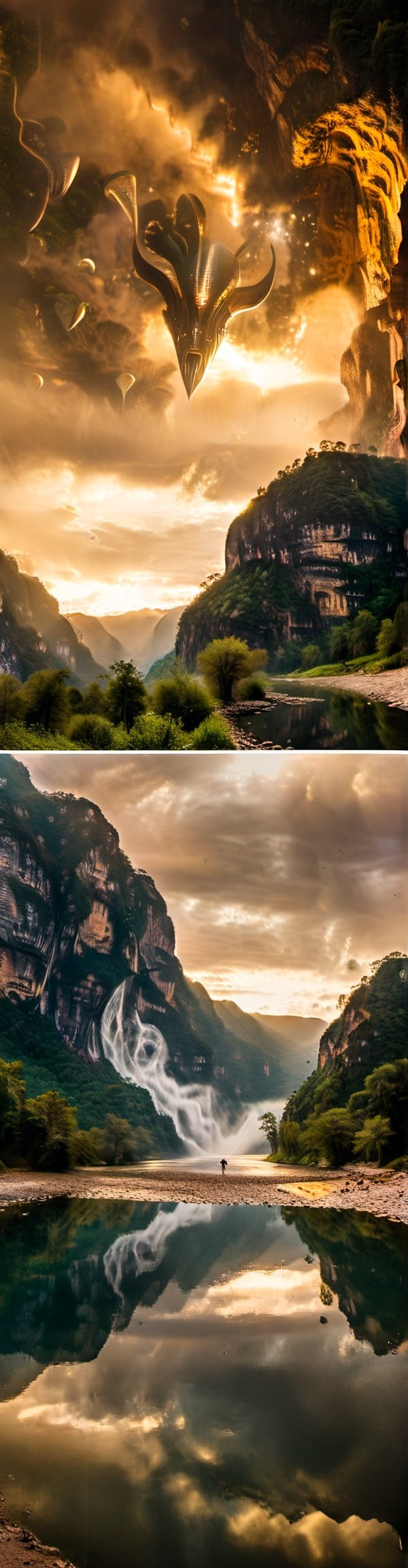 creates an amazing image of how aliens invade the  canyon of the sumidero in chiapas , parachicos look scared and astonished as the alien ships come. the image takes place in the grijalva river of the canyon. there are signs broken by alien beams. there is smoke coming out of the buildings, there are aliens everywhere, a part of them is dedicated to gather and collect human beings for their scalvitude and medical and genetic study, the image is taken with a hasselblad 907x camera and a 40 mm wide angle lens. the composition of the image should be based on the golden circle and perspectives created by diagonal lines. high definition image, use surrealist art to generate the image, use cinematographic lighting.
,Realistic,alienzkin