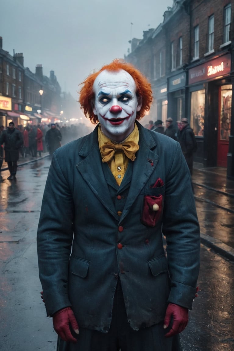 ((full body shot)),((clown)),((psycho smile)),((large face)),((stand up 1.9)),((in london)),(RAW photo, best quality), (realistic, photo-Realistic:1.3), best quality, masterpiece, beautiful and aesthetic, 16K, (HDR:1.4), (vibrant color:1.4), (muted colors, dim colors, soothing tones:0), cinematic lighting, ambient lighting, sidelighting, Exquisite details and textures, cinematic shot, (Bright and intense:1.2),32k, ultra realist, serial killer,men with clown makeup, terrorising people,terror,professional photography,bangerooo,moonster,disney pixar style,Stylish, cinematic moviemaker style,monster_vampire,monster,whiteeyes