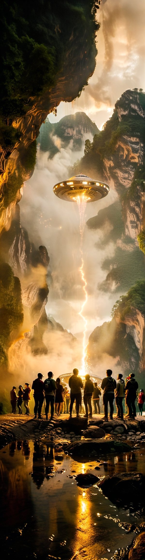 creates an amazing image of how aliens invade the  canyon of the sumidero in chiapas , parachicos look scared and astonished as the alien ships come. the image takes place in the grijalva river of the canyon. there are signs broken by alien beams. there is smoke coming out of the buildings, there are aliens everywhere, a part of them is dedicated to gather and collect human beings for their scalvitude and medical and genetic study, the image is taken with a hasselblad 907x camera and a 40 mm wide angle lens. the composition of the image should be based on the golden circle and perspectives created by diagonal lines. high definition image, use surrealist art to generate the image, use cinematographic lighting.
,Realistic,alienzkin