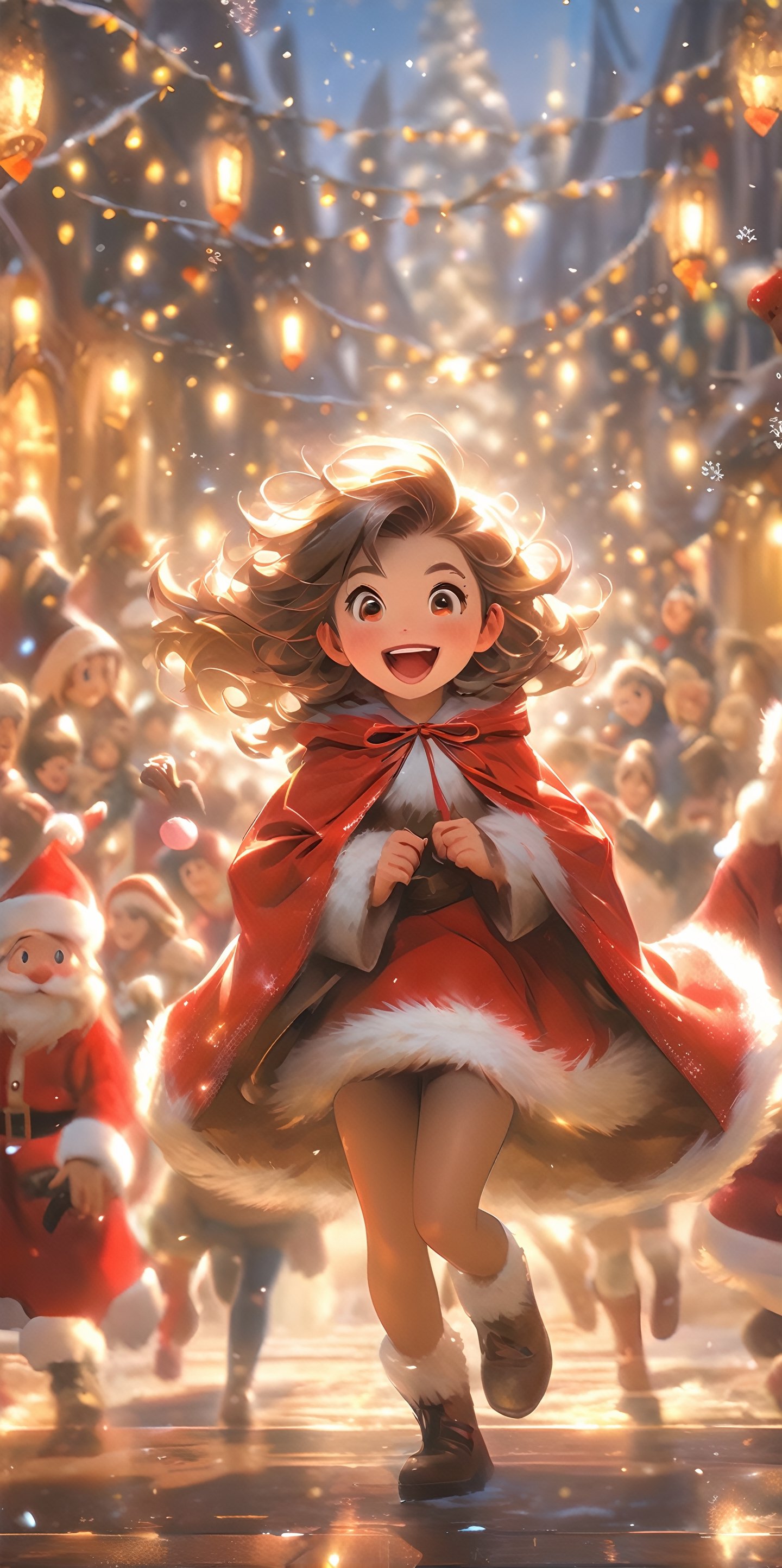 Top resolution、 Top image quality、 ​masterpiece、 8K、 (((One Woman)))、(((27yo)))、 Cheerful smile、 Big open mouth、 (((chestnut-colored hair、6headed body、Wave your hand up、 Soft breasts、sparkly eyes、Light in the eyes、bob cuts)))、 walking around happily、 (((Miniskirt Santa)))、 Wearing a cloak、((Long tights))、 Day Park、the children look surprised、Christmas、