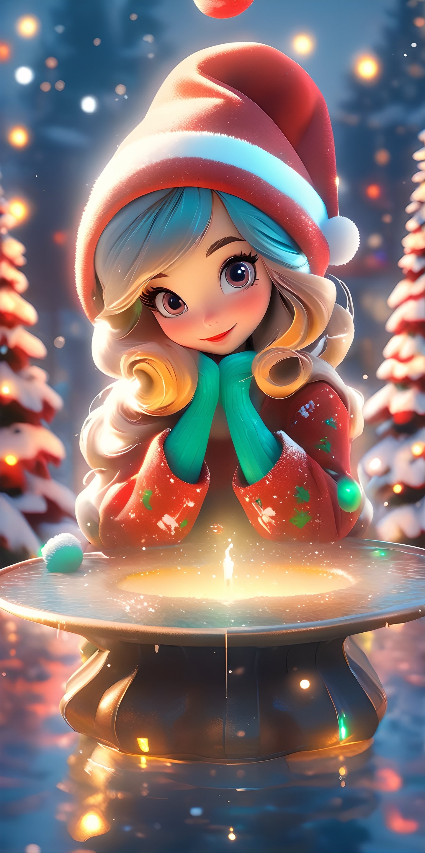 Top resolution、 Top image quality、 ​masterpiece、 8K、Cute Christmas woman with round eyes wearing Santa hat, night aura, Garden fountain, glimmer, Bokeh, beautiful winter city, Mirror effect, Volumetric lighting