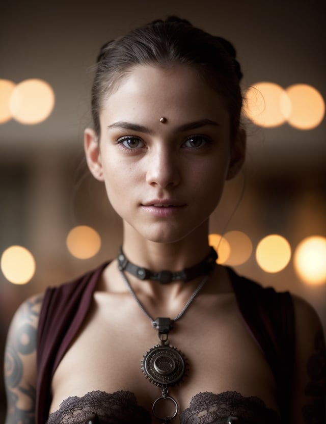 A stunning photograph of a white female Buddhist monk in a meticulously designed steampunk setting wearing a steampunk t-shirt, (fully clothed), beautiful face. Full body, random pose, Tattoo. Her eyes and the detailed environment create an engaging image. The sharp focus ensures that every aspect of her face, skin, and body is highly detailed. Masterpiece, Best quality, Intricate high detail, Highly detailed, Sharp focus, Detailed skin, realistic skin texture, detailed eyes, professional, charming smile, shot on Canon, 85mm, shallow depth of field, Kodak Vision Color, Perfect Fit Body, extremely detailed, photography_\(ultra\), Photorealistic, Realistic, Post-processing, maximum details, roughness, real life, ultra realistic, Photorealism, photography, 8k UHD, photography