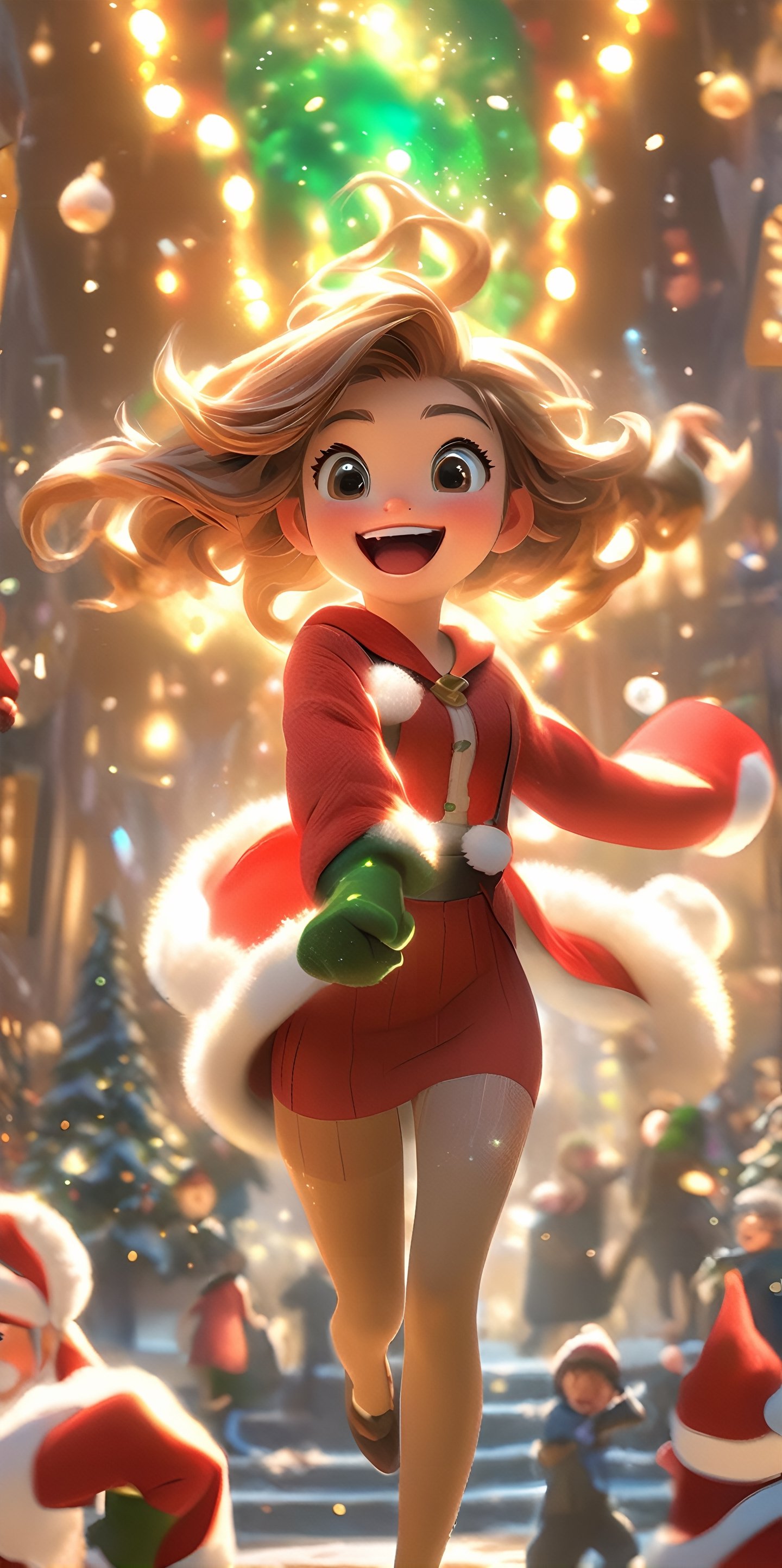 Top resolution、 Top image quality、 ​masterpiece、 8K、 (((One Woman)))、(((27yo)))、 Cheerful smile、 Big open mouth、 (((chestnut-colored hair、6headed body、Wave your hand up、 Soft breasts、sparkly eyes、Light in the eyes、bob cuts)))、 (((Miniskirt Santa)))、 Wearing a cloak、((Long tights))、 Day Park、the children look surprised、Christmas、