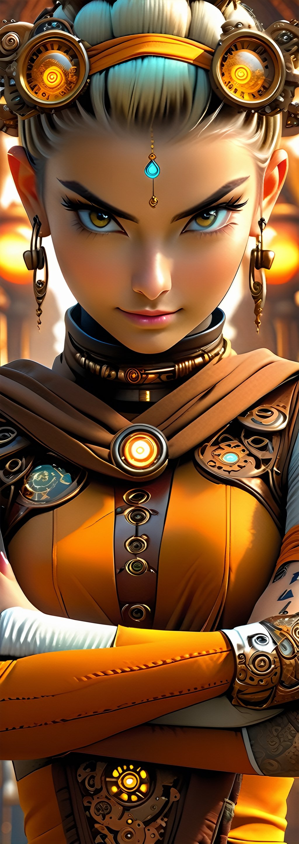 A stunning photograph of a white female Buddhist monk in a meticulously designed steampunk setting wearing a steampunk t-shirt, beautiful face. Full body, random pose, Tattoo. Her eyes and the detailed environment create an engaging image. The sharp focus ensures that every aspect of her face, skin, and body is highly detailed. Masterpiece, Best quality, Intricate high detail, Highly detailed, Sharp focus, Detailed skin, realistic skin texture, detailed eyes, professional, charming smile, shot on Canon, 85mm, shallow depth of field, Kodak Vision Color, Perfect Fit Body, extremely detailed, photography_\(ultra\), Photorealistic, Realistic, Post-processing, maximum details, roughness, real life, ultra realistic, Photorealism, photography, 8k UHD, photography