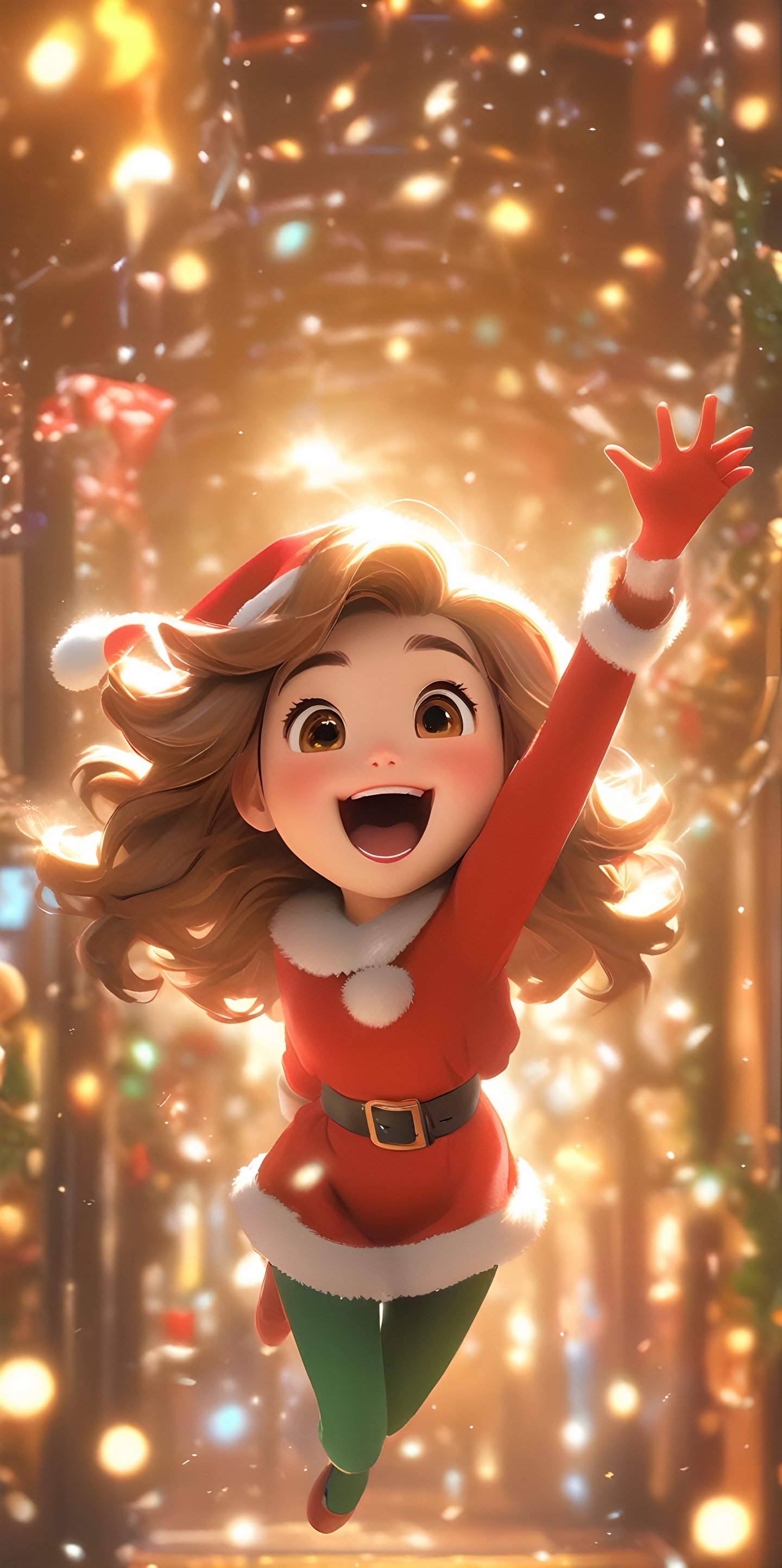 Top resolution、 Top image quality、 ​masterpiece、 8K、 (((One Woman)))、(((27yo)))、 Cheerful smile、 Big open mouth、 (((chestnut-colored hair、6headed body、Wave your hand up、 Soft breasts、sparkly eyes、Light in the eyes、bob cuts)))、 running around happily、 (((Miniskirt Santa)))、 Wearing a cloak、((Long tights))、 Day Park、the children look surprised、Christmas、