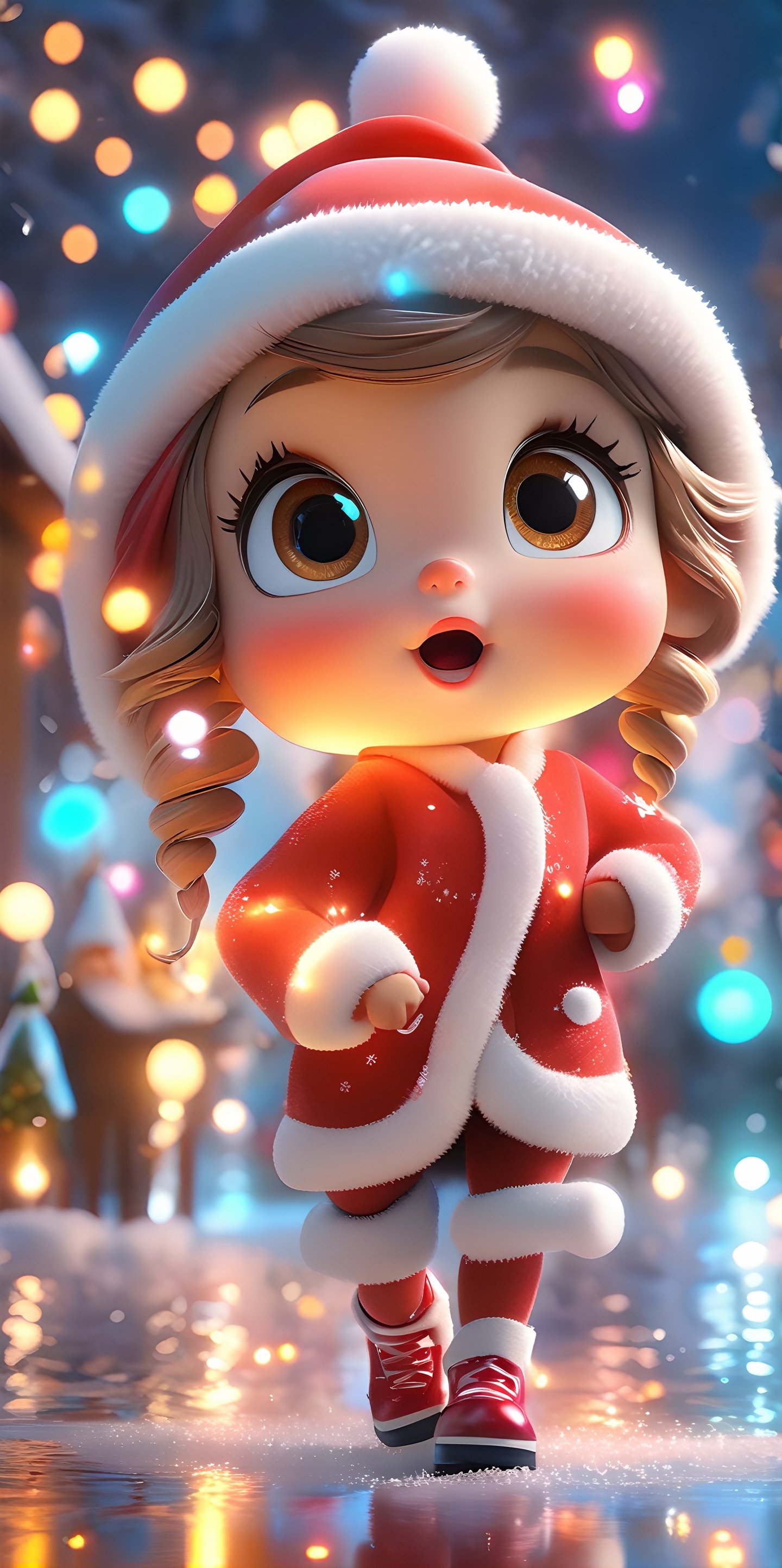 Top resolution、 Top image quality、 ​masterpiece、 8K、Cute Christmas girl with round eyes wearing Santa hat, night aura, Garden fountain, glimmer, Bokeh, beautiful winter city, Mirror effect, Volumetric lighting