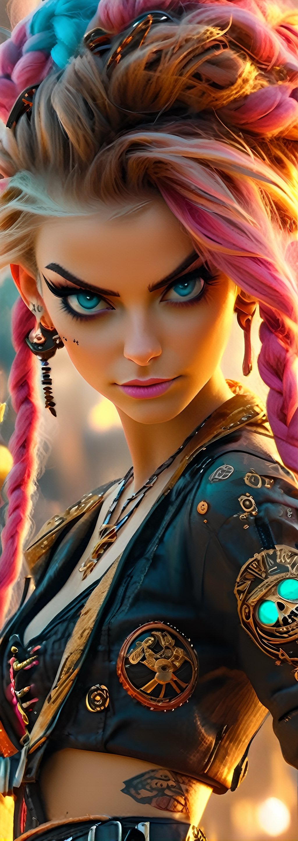 Full body shot, Best quality, 8k, Masterpiece, (UHD::1.2), ((High Resolution)), ((High Detail)), Photo Realistic, ((sexy american woman)), steampunk pirate, embroidery, cleavage, pink_hair, twinbraid, tabern, resemble Avril Lavigne