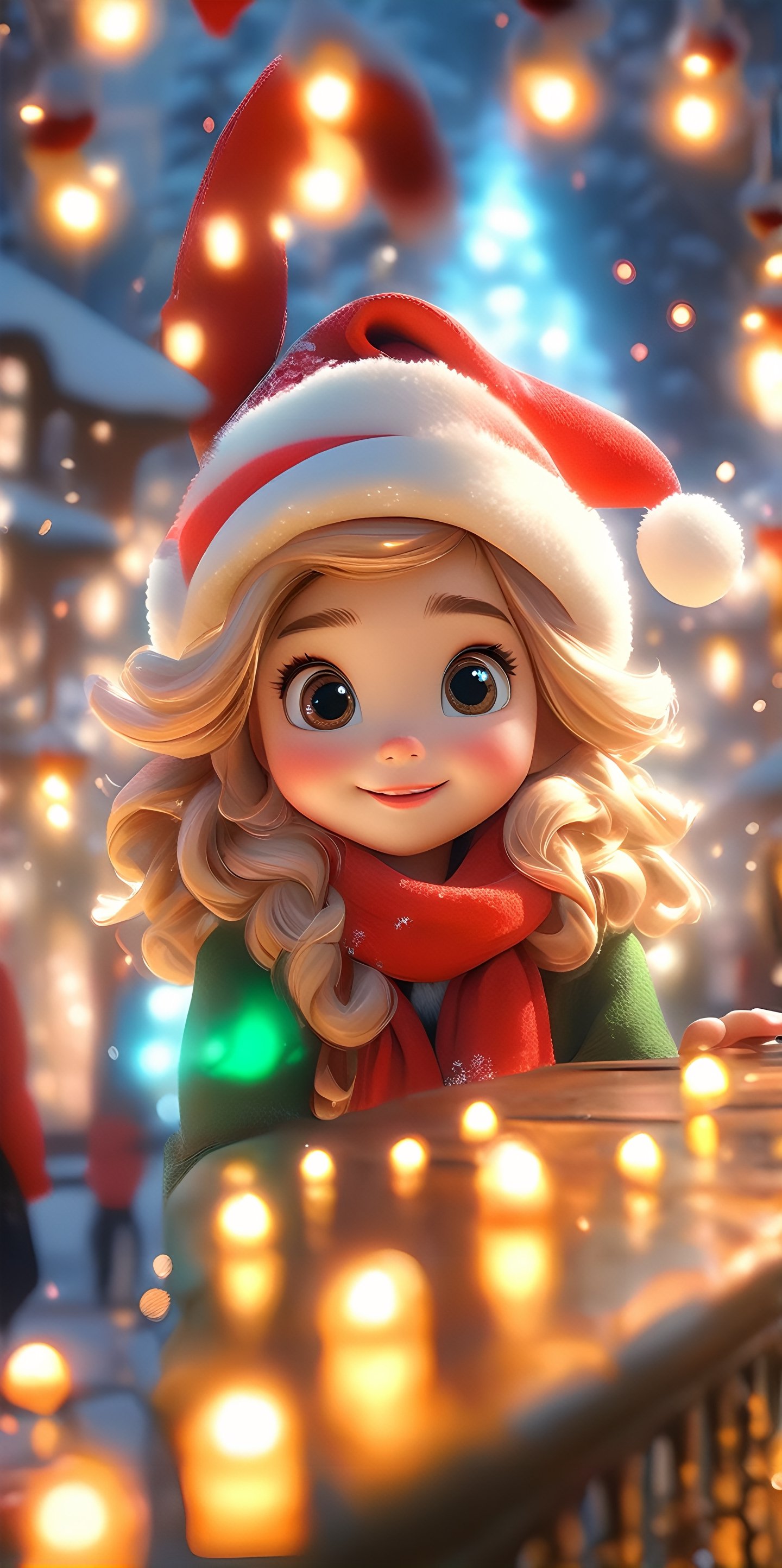 Top resolution、 Top image quality、 ​masterpiece、 8K、Cute Christmas girl with round eyes wearing Santa hat, night aura, Garden fountain, glimmer, Bokeh, beautiful winter city, Mirror effect, Volumetric lighting